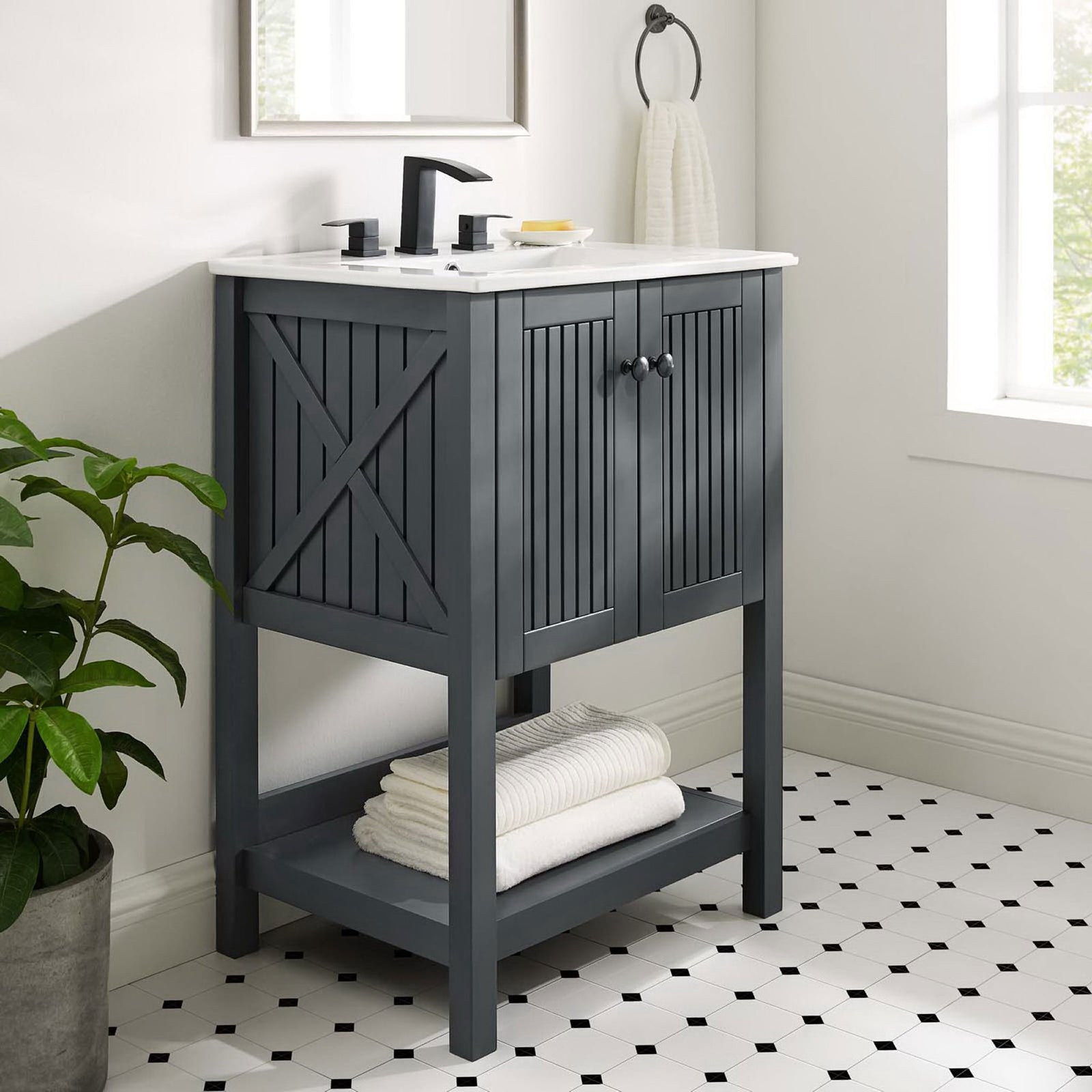 Elevate your bath with a space-saving vanity featuring slatted doors, open shelf, and glossy ceramic top || EEI-4248-GRY-WHI || front_angle_room