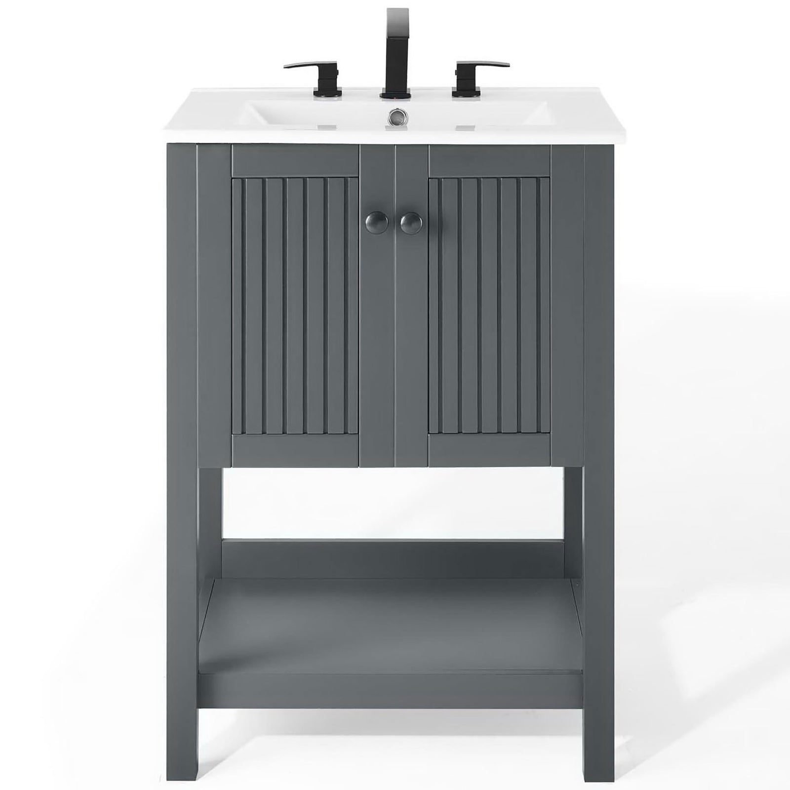 Farmhouse vanity pairs a sleek white sink with a gray slatted cabinet and airy lower shelf || EEI-4248-GRY-WHI || front_studio