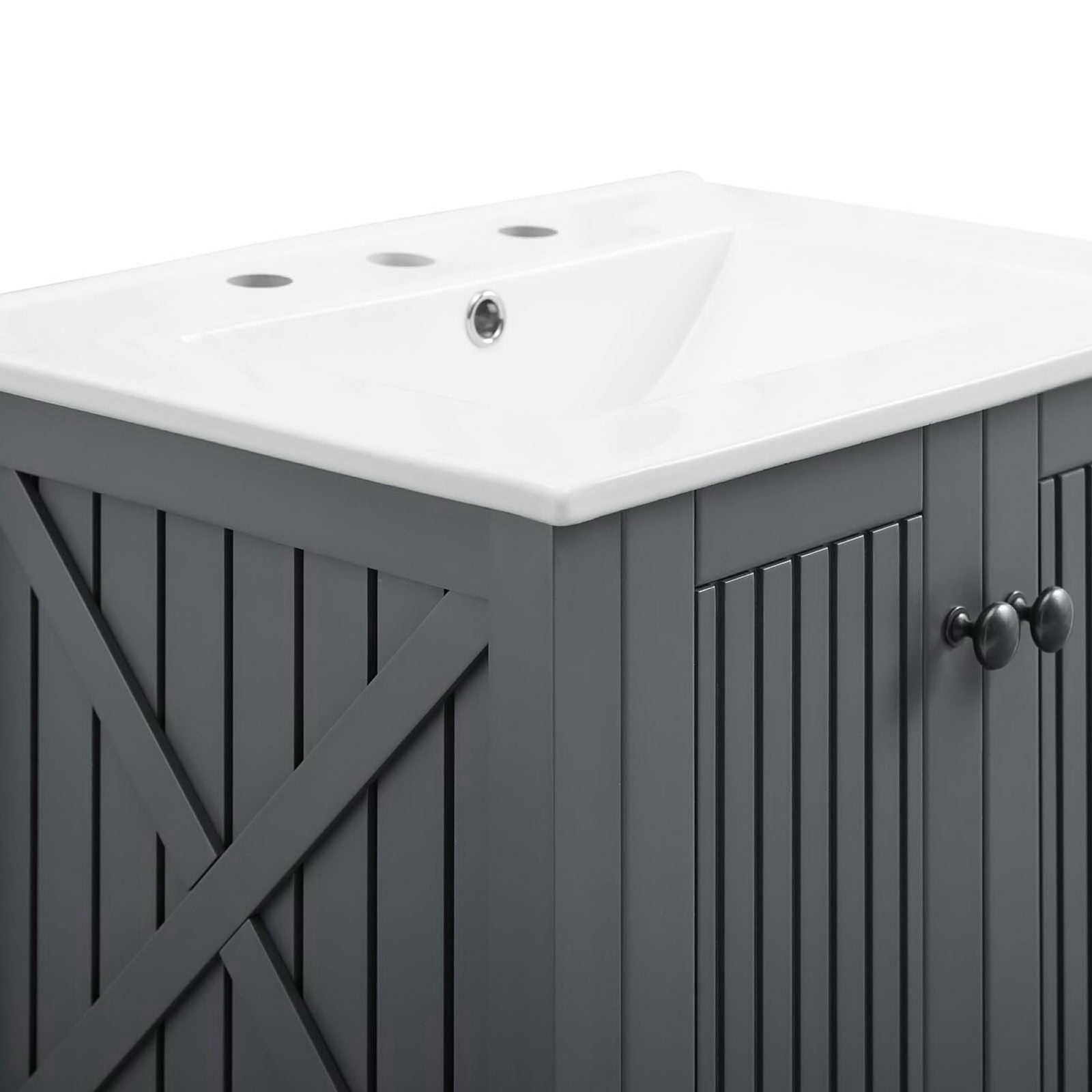 Crisp ceramic top meets vertical slatted doors and X-brace trim for a refined farmhouse look || EEI-4248-GRY-WHI || detail_studio