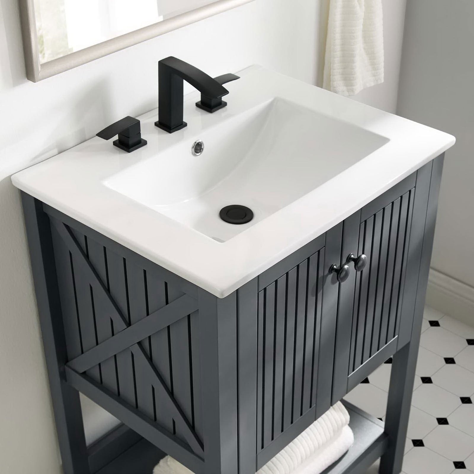 Glossy integrated sink and clean lines bring modern charm to the gray slatted cabinet || EEI-4248-GRY-WHI || detail_room