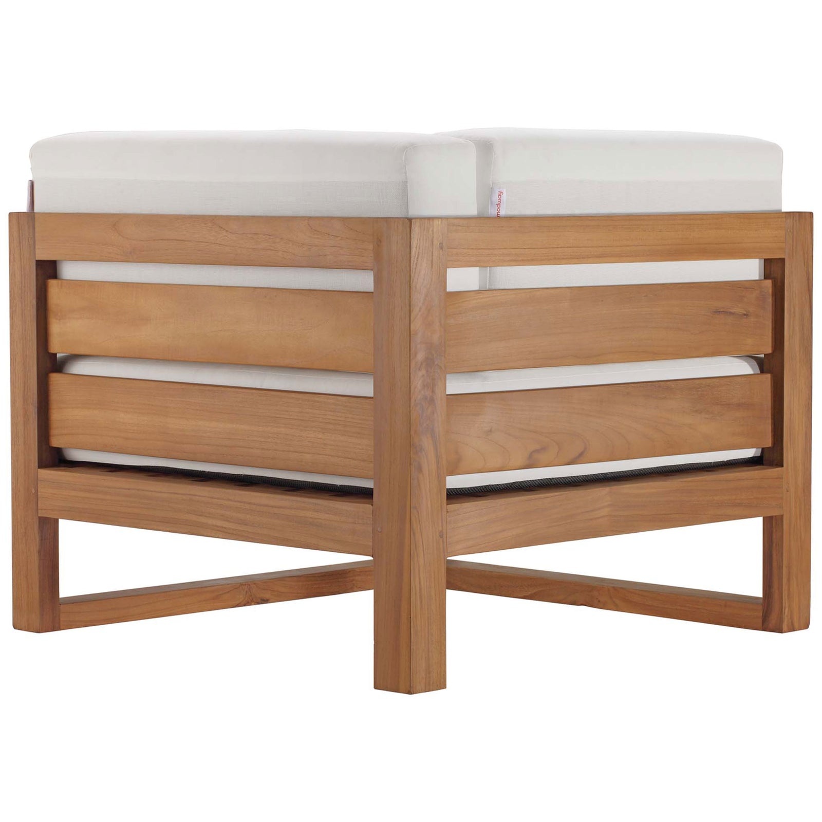 Corner chair revealing twin slatted teak back panels and angular modern legs || EEI-4253-NAT-WHI-SET || back_angle_partial_studio