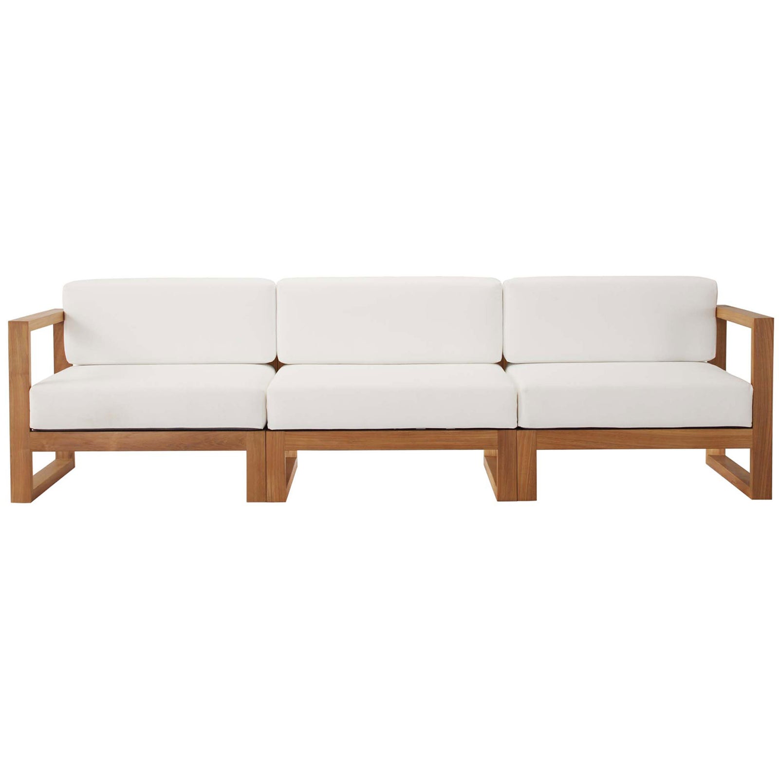 Teak outdoor sectional sofa with three thick white cushions for sleek modern lounging || EEI-4254-NAT-WHI-SET || front_studio