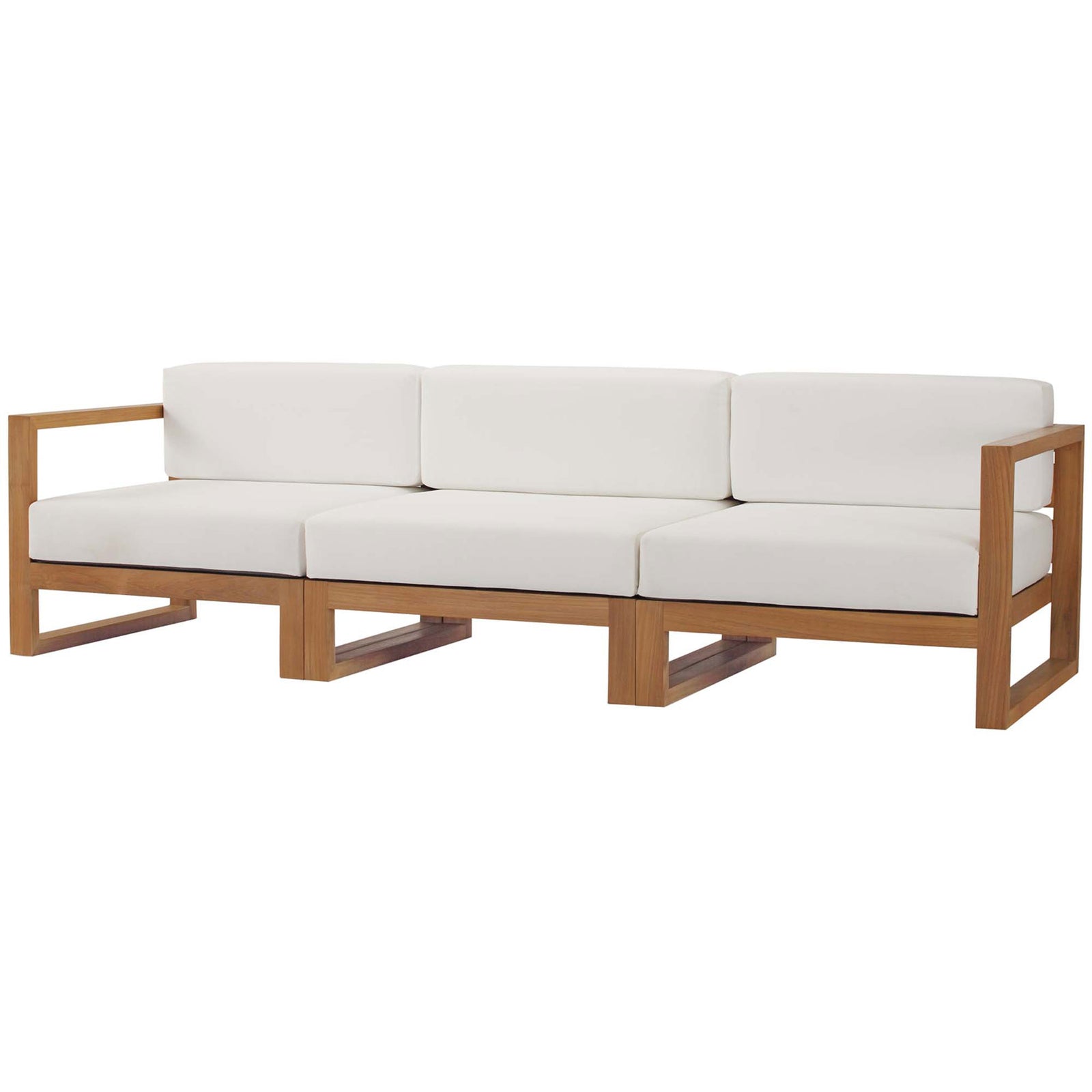 Long teak outdoor sectional with wide white cushions and open rectangular arms || EEI-4254-NAT-WHI-SET || front_angle_studio