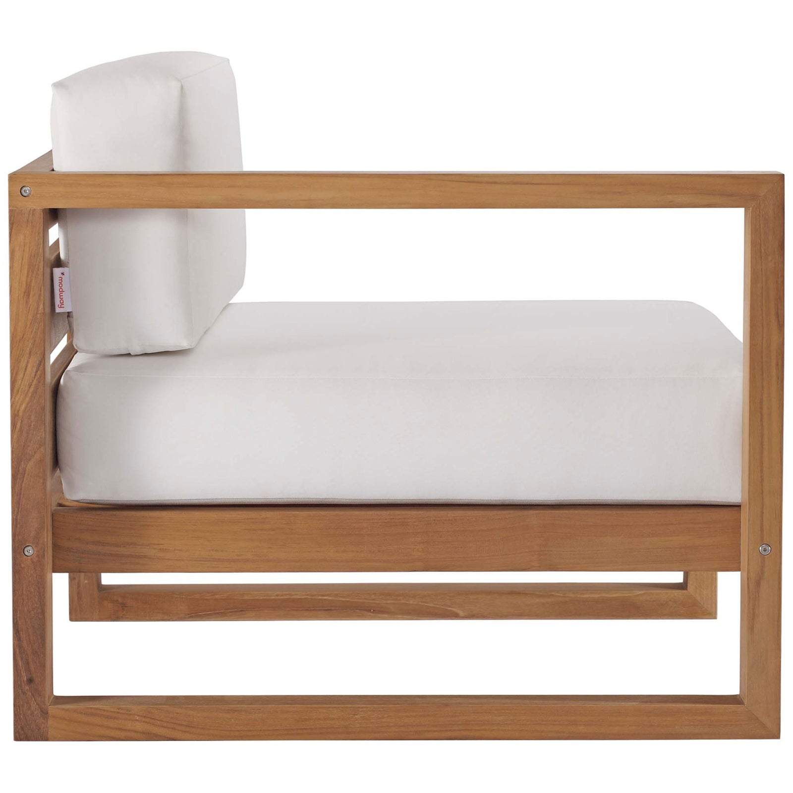 Teak seating module highlighting arm height and thick all-weather white cushion || EEI-4254-NAT-WHI-SET || side_partial_studio