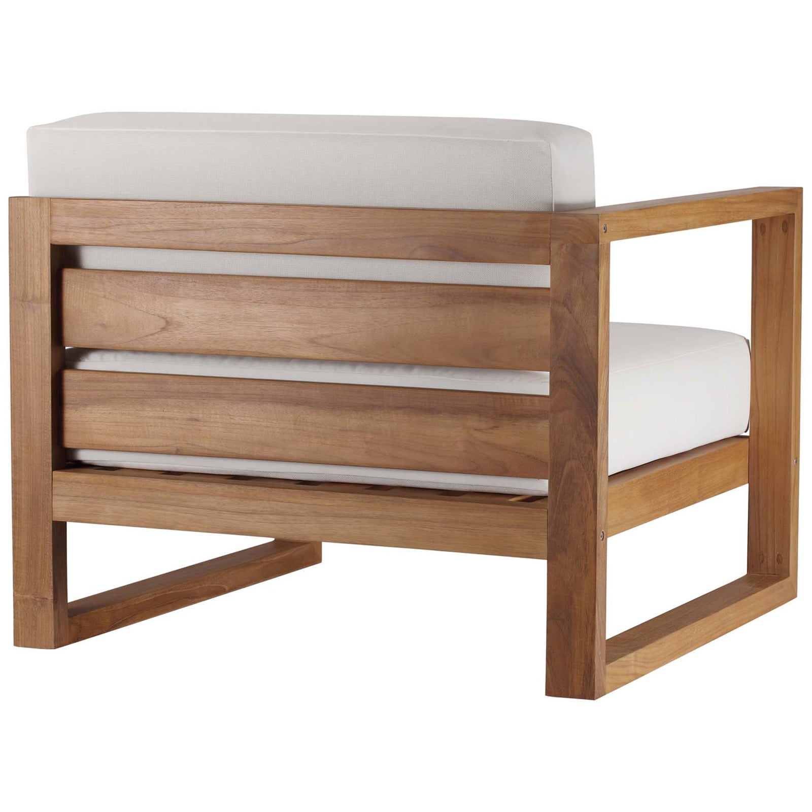 Teak seating module with slatted back and cantilevered base for modern outdoor style || EEI-4254-NAT-WHI-SET || back_angle_partial_studio