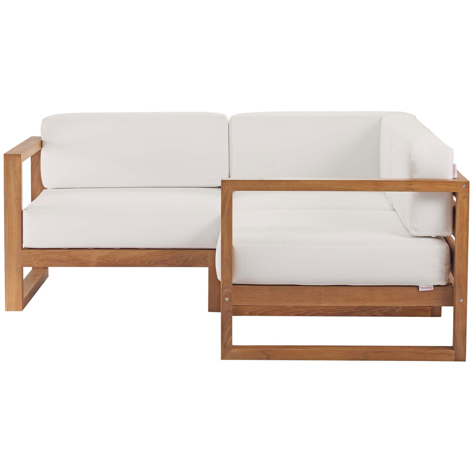 L-shaped teak sectional sofa set with clean-lined frame and plush white weather-ready cushions || EEI-4255-NAT-WHI-SET || front_angle_studio