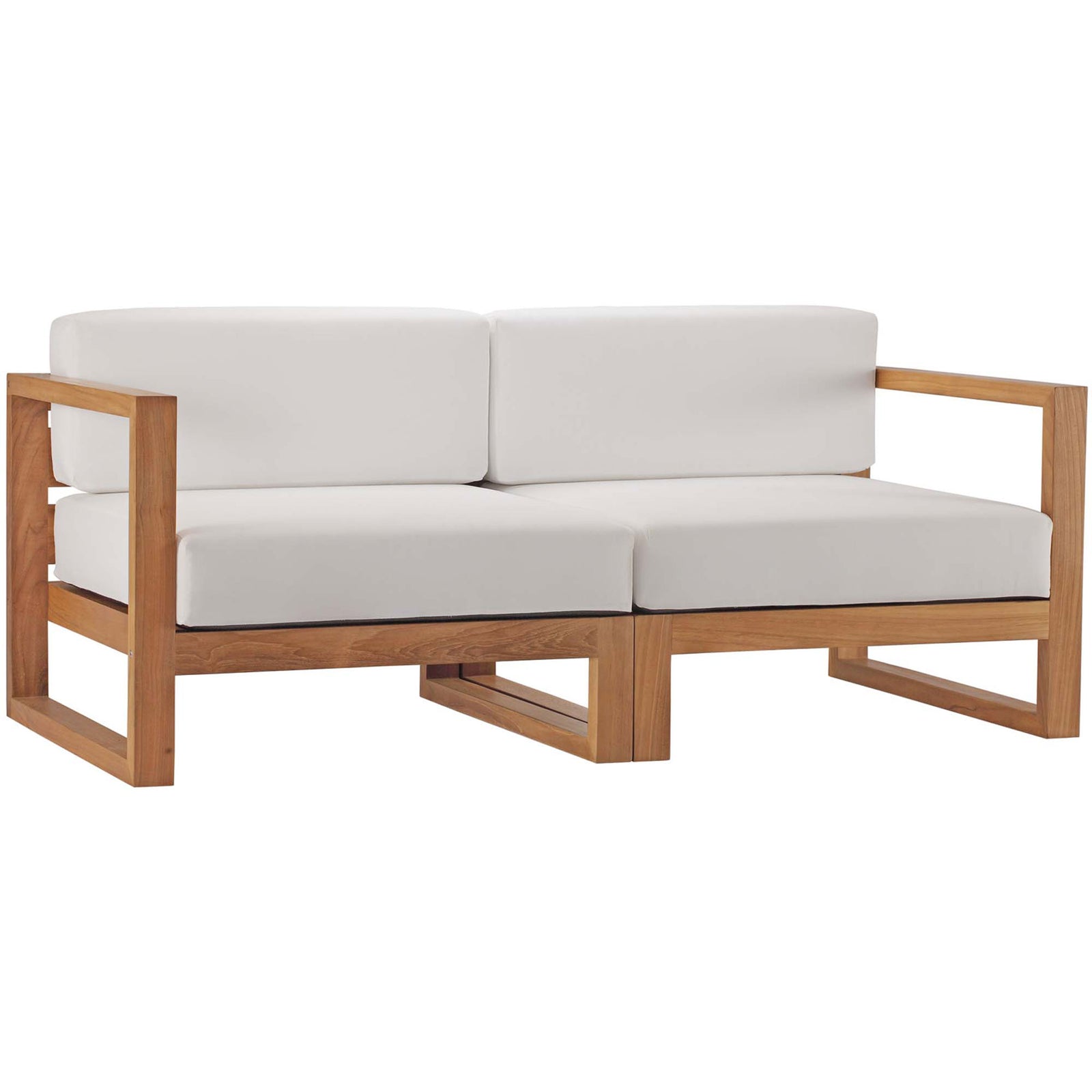 Teak outdoor sectional loveseat with plush white cushions for relaxed balcony and patio seating || EEI-4256-NAT-WHI-SET || front_angle_studio