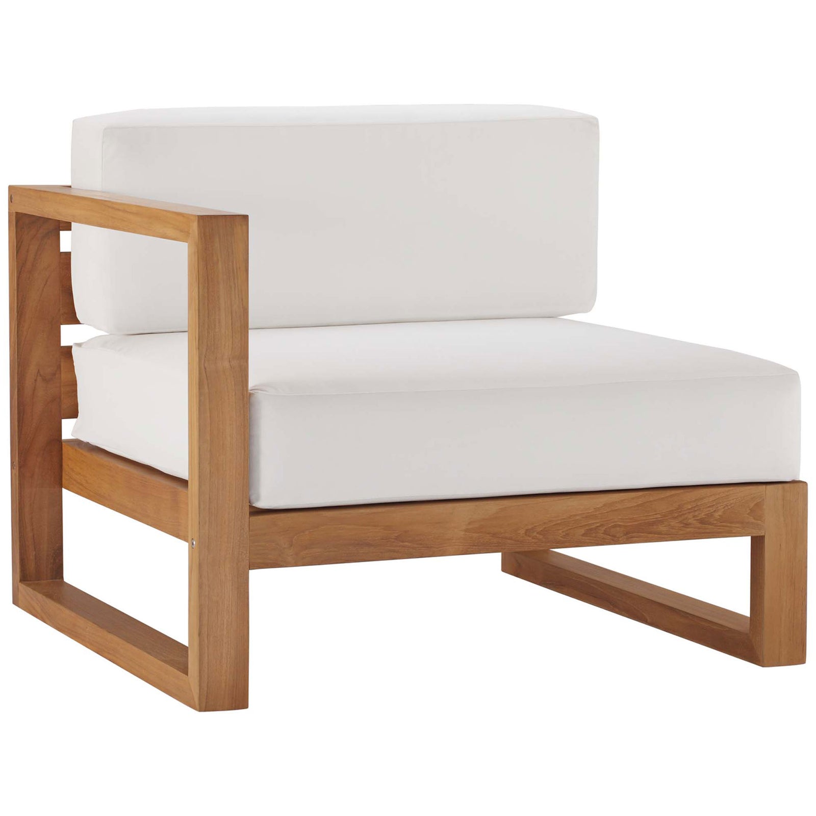 Single teak sectional chair with open side, square arm, and bright white cushions || EEI-4256-NAT-WHI-SET || front_angle_partial_studio