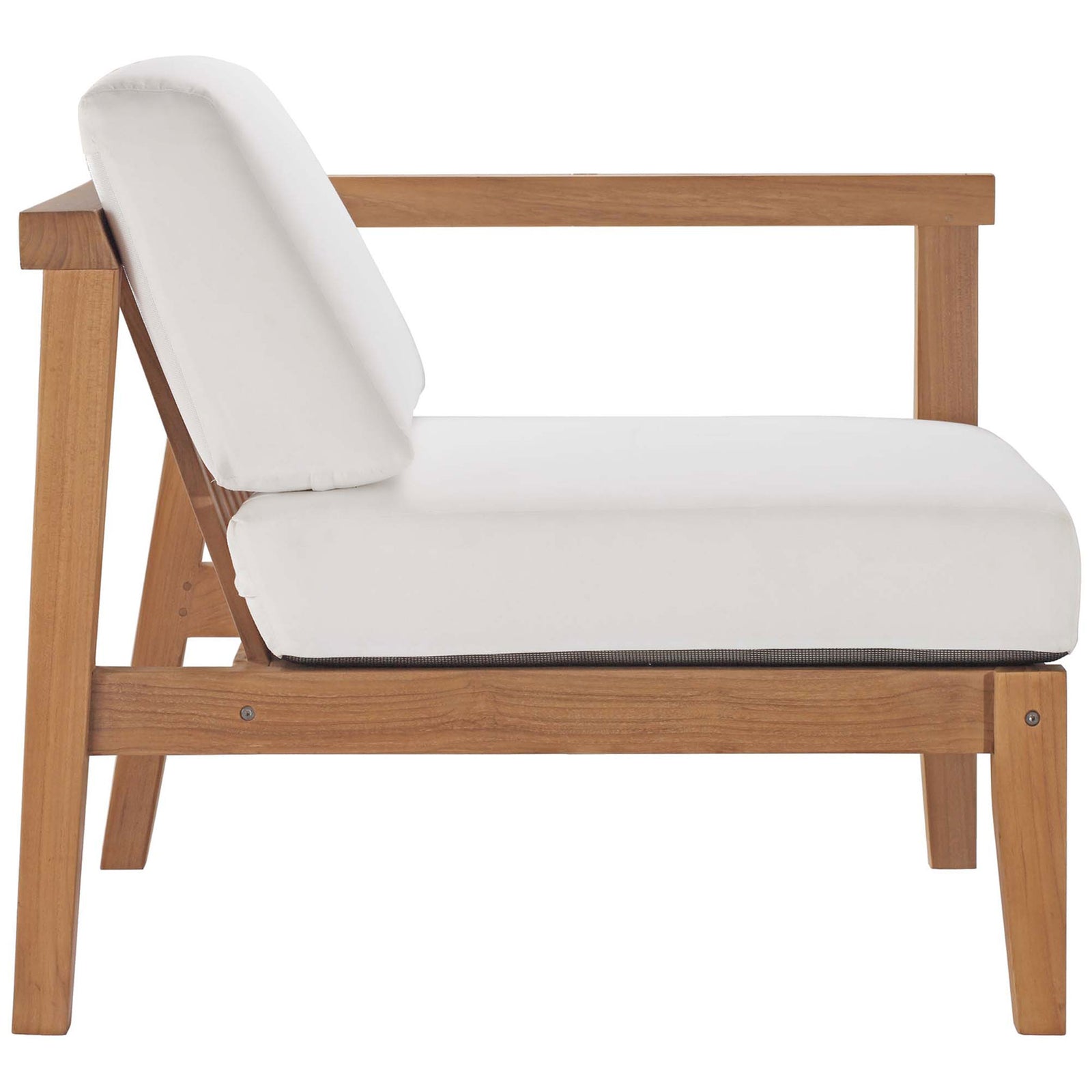 Low-profile teak armchair side view with boxy white cushions and angled back support || EEI-4258-NAT-WHI-SET || side_partial_studio