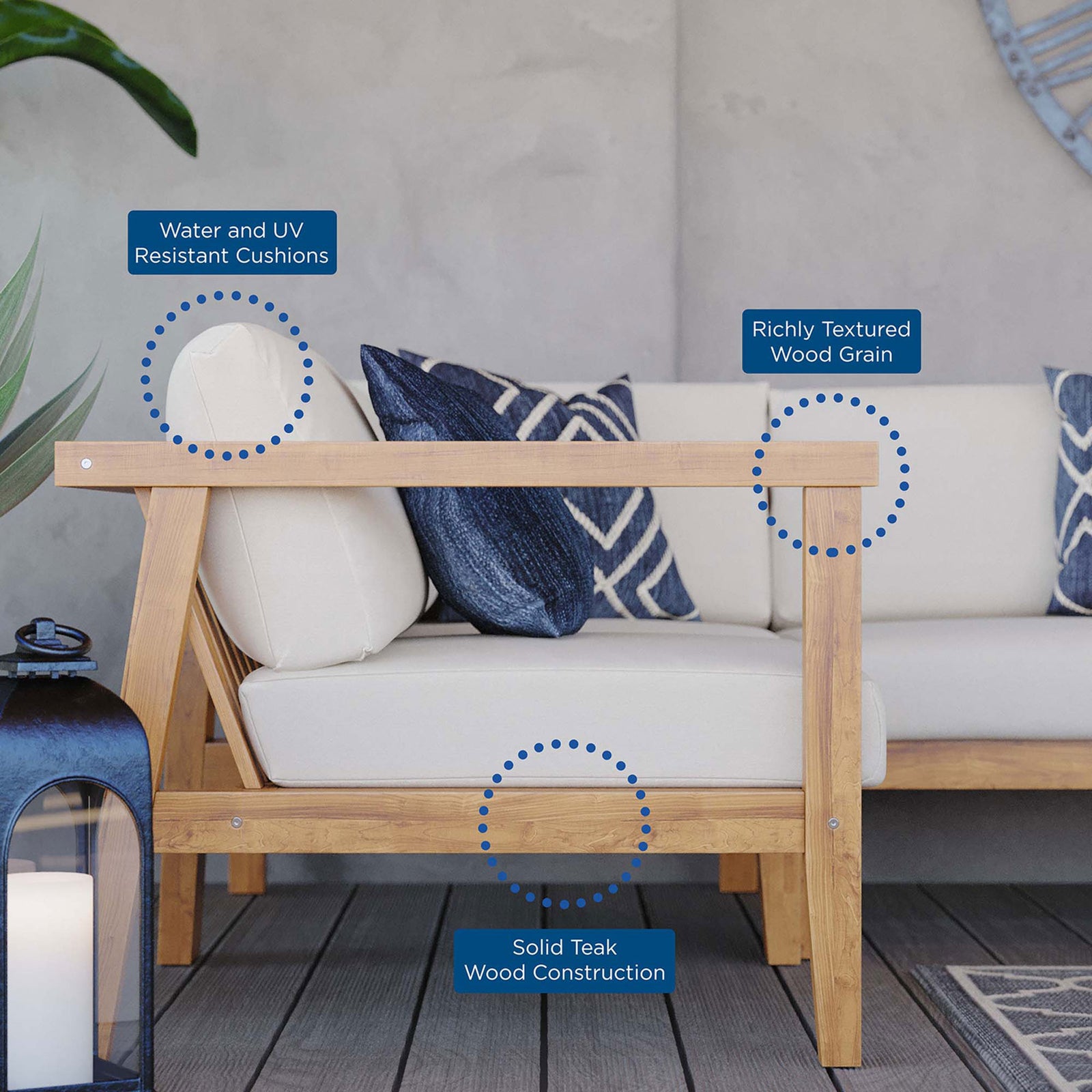 Feature callouts highlighting water-resistant cushions and solid teak wood grain on the sofa || EEI-4258-NAT-WHI-SET || callout_room