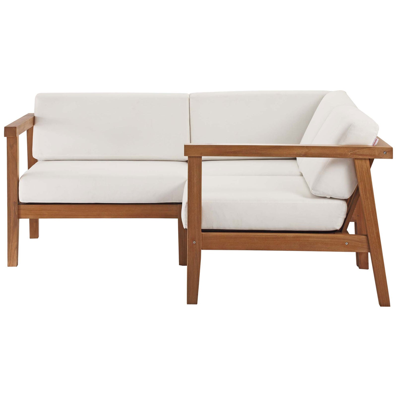 Two-piece teak outdoor sofa configuration with natural wood frame and plush white cushions || EEI-4258-NAT-WHI-SET || front_angle_partial_studio