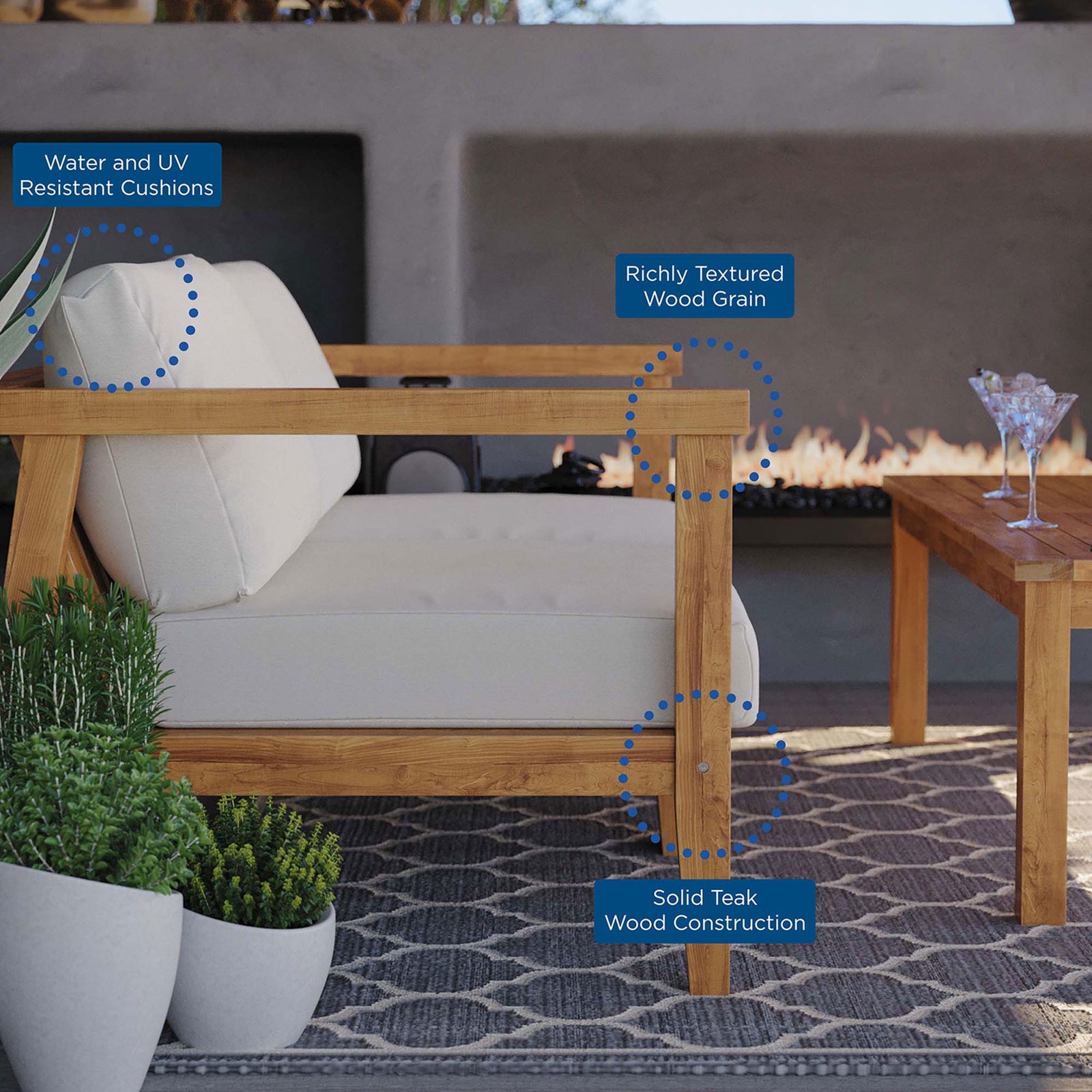 Bayport teak loveseat showcasing water and UV resistant cushions and solid wood construction on a patio || EEI-4259-NAT-WHI-SET || callout_room