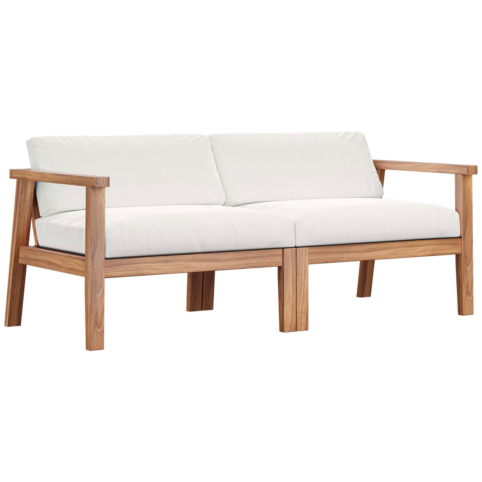 Teak outdoor loveseat with natural wood frame and plush white cushions for relaxed patio seating || EEI-4259-NAT-WHI-SET || front_angle_studio