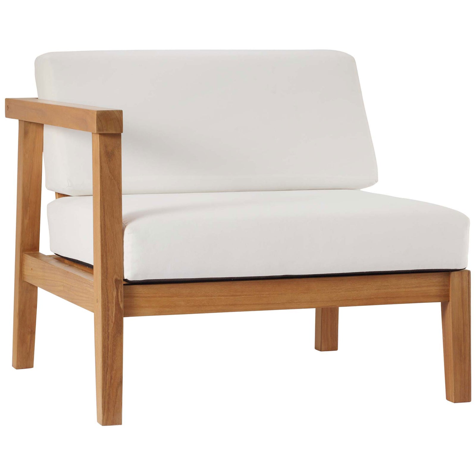 Teak outdoor lounge chair module with open-frame arms and thick white cushions from the Bayport collection || EEI-4259-NAT-WHI-SET || front_angle_partial_studio