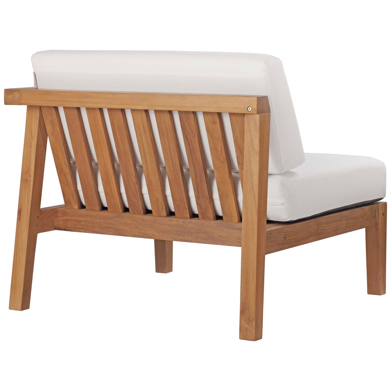 Outdoor teak chair section with wide slatted backrest and weather-ready white cushions || EEI-4259-NAT-WHI-SET || back_angle_partial_studio