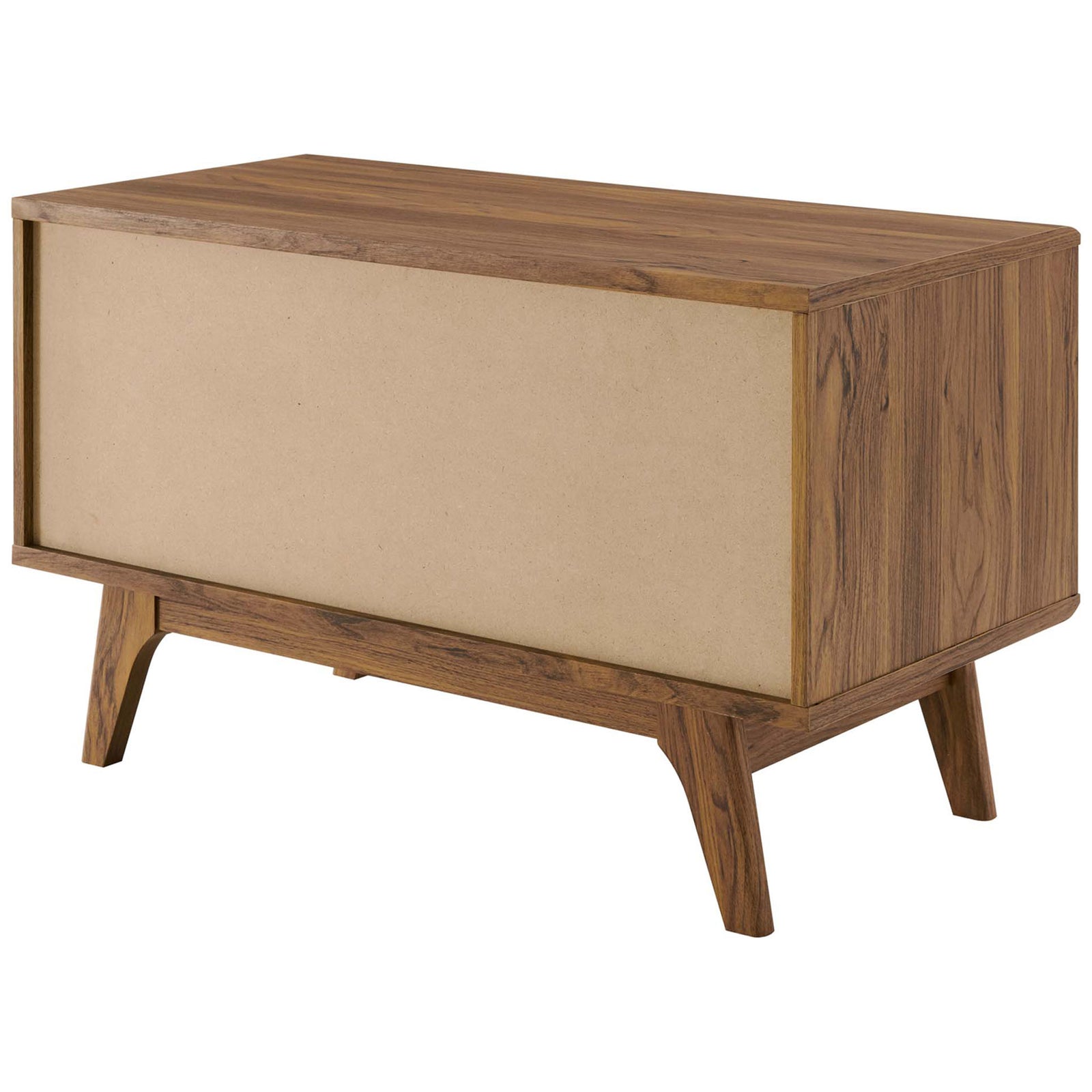 Record display stand featuring full back panel and splayed wooden legs for added stability || EEI-4261-WAL-WHI || back_angle_studio