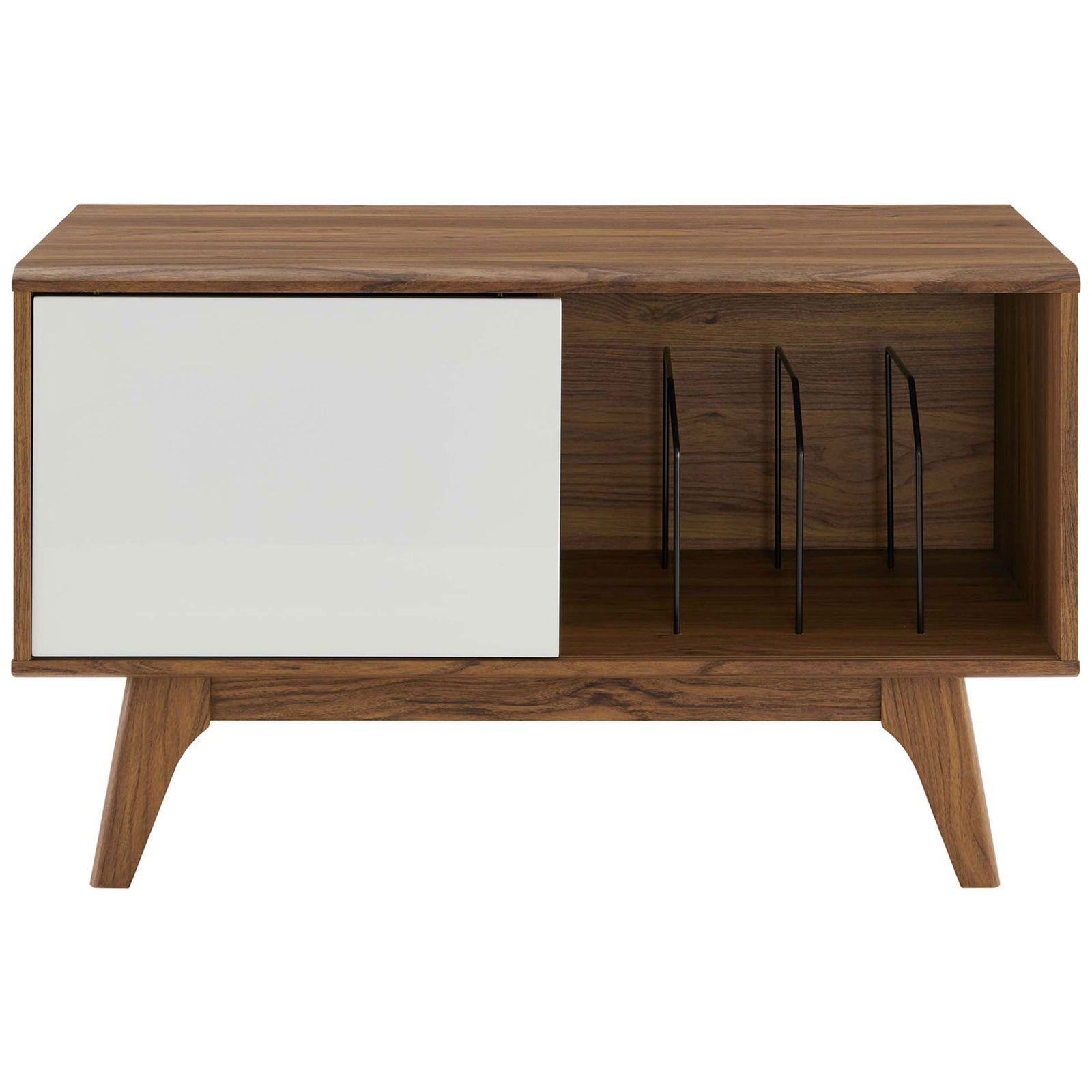 Vinyl record stand with white sliding door partially covering open storage and metal dividers || EEI-4261-WAL-WHI || front_studio