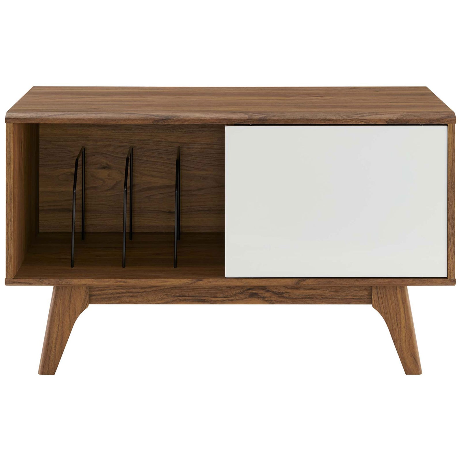 Vinyl record stand with white sliding door closed over dividers to conceal part of the collection || EEI-4261-WAL-WHI || front_studio