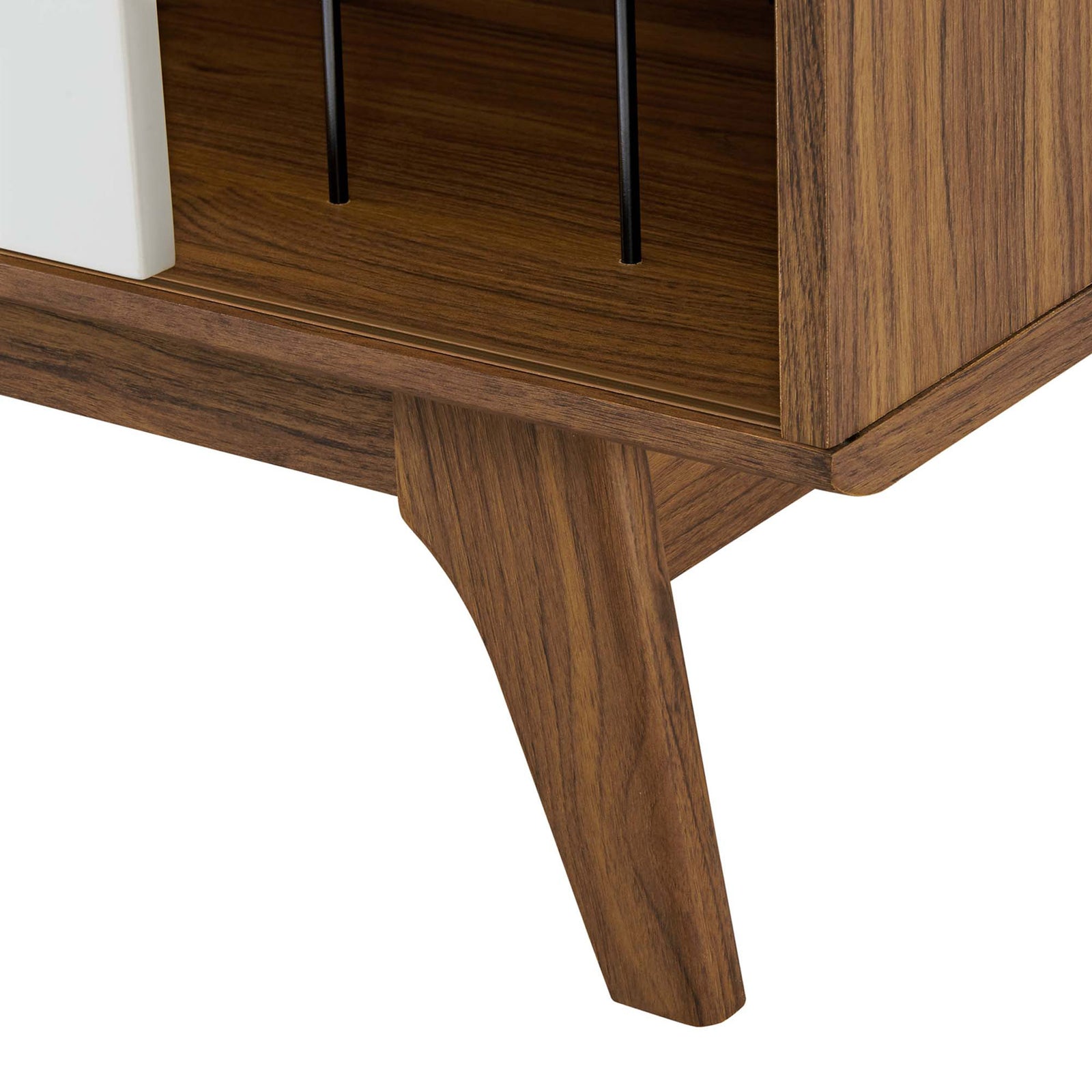 Refined tapered walnut leg and lower frame showcase craftsmanship of the record stand || EEI-4261-WAL-WHI || leg_studio