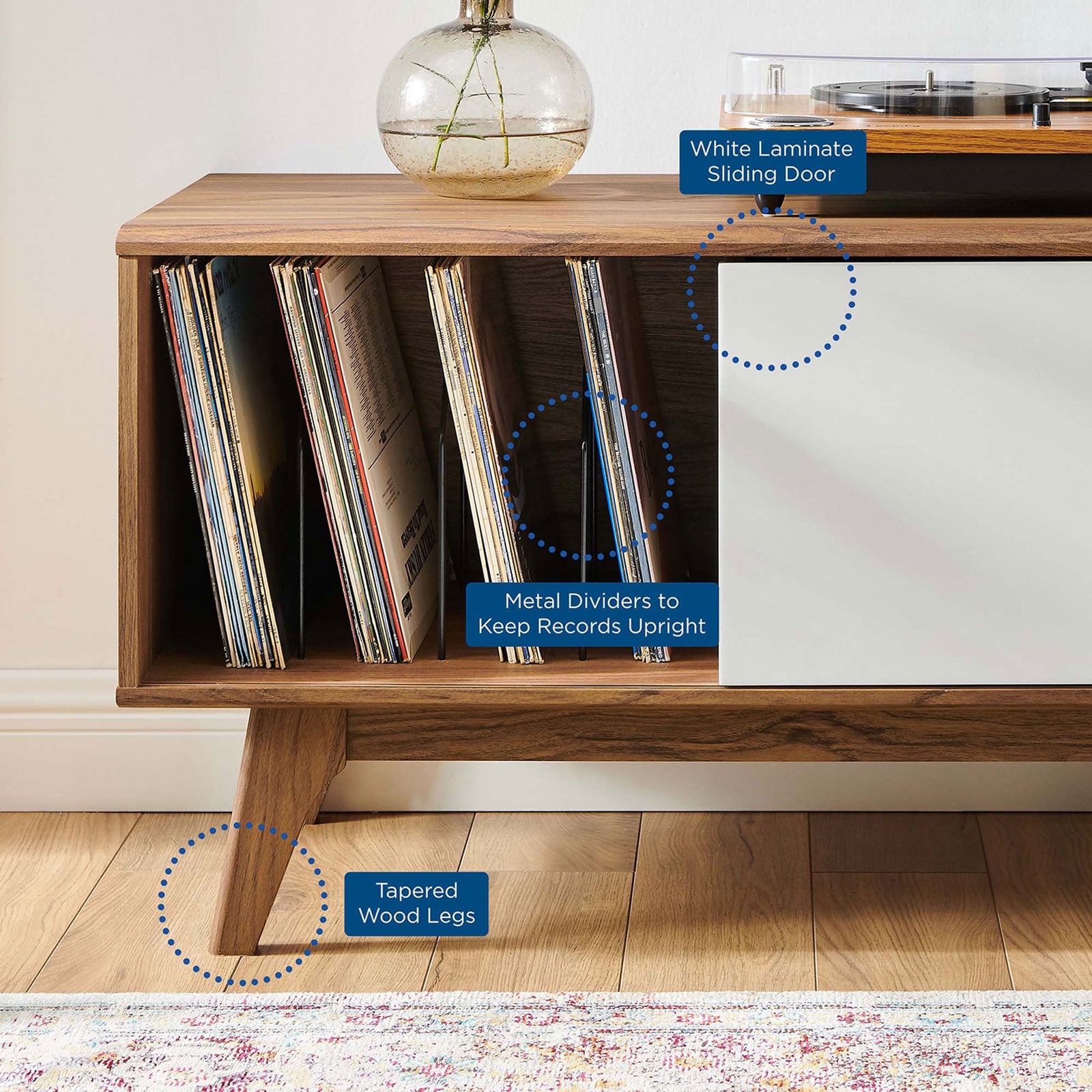 Sliding door, record dividers, and tapered legs are highlighted to show key features of the stand || EEI-4261-WAL-WHI || callout_room