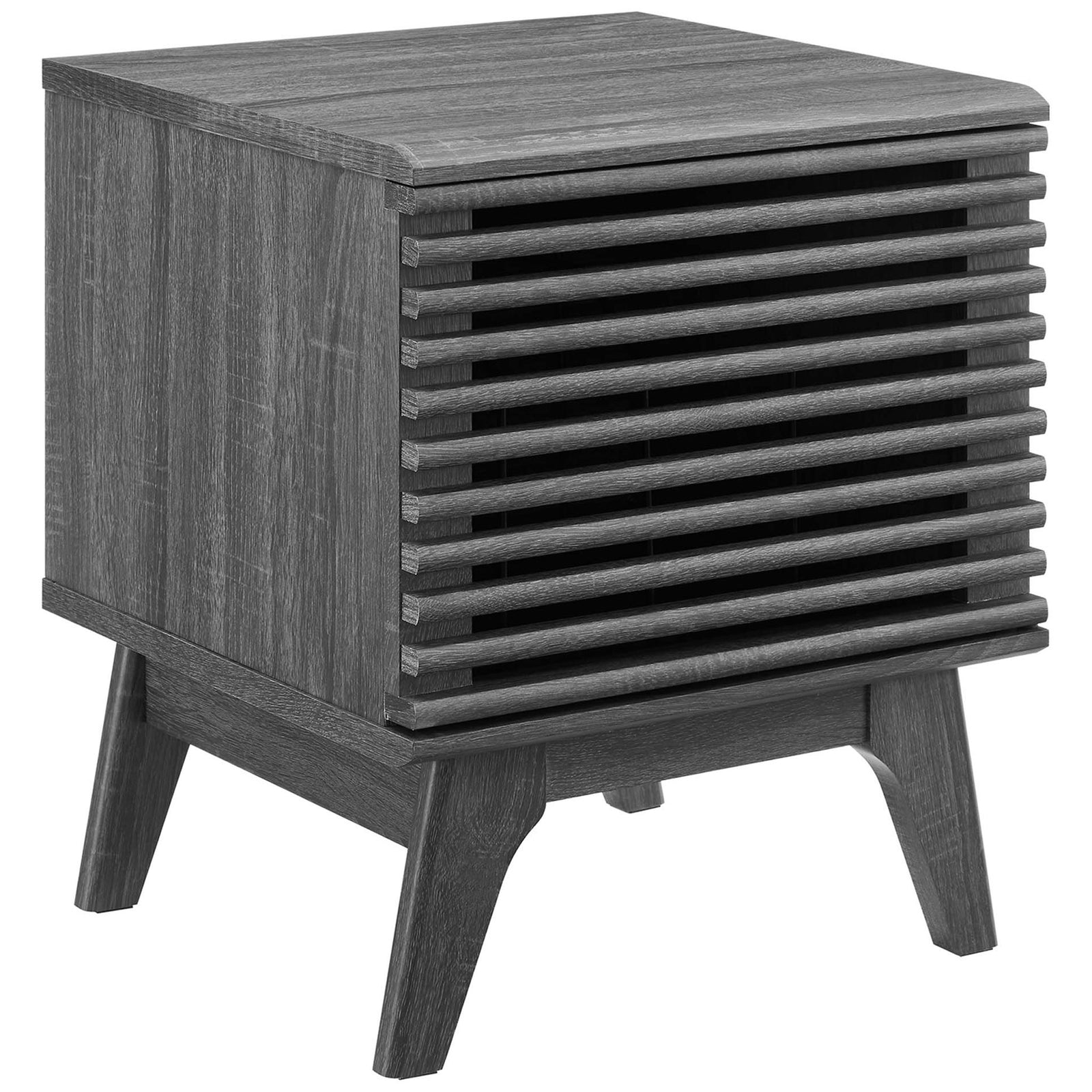 Charcoal wood grain record stand with slatted door and tapered legs for stylish media storage. || EEI-4262-CHA || front_angle_studio