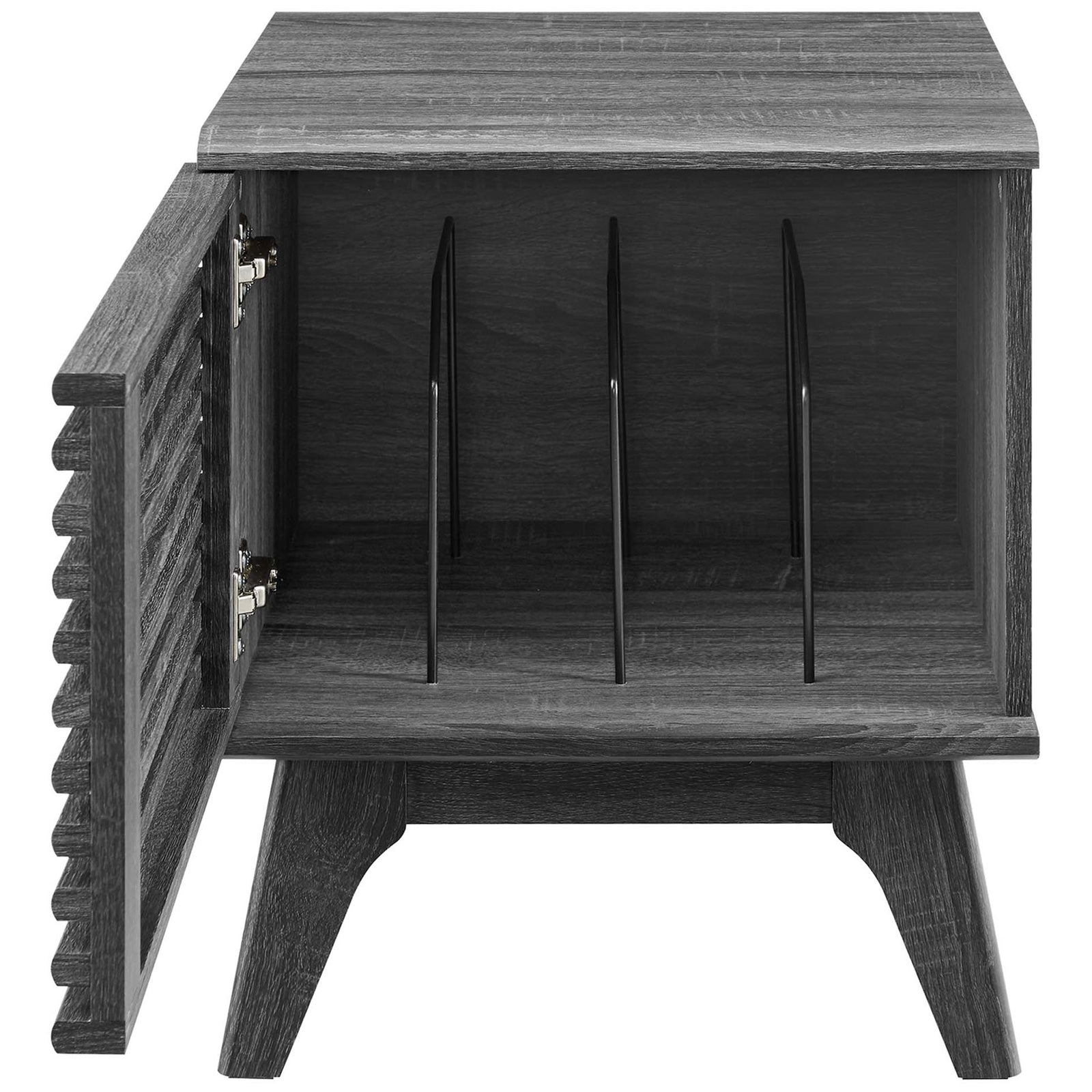 Interior record storage with metal dividers and hinged slatted door for easy access to favorite albums. || EEI-4262-CHA || front_open_studio