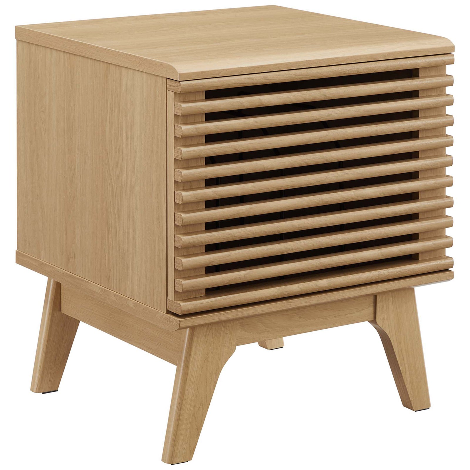 Oak vinyl record stand with slatted front door and tapered mid-century legs || EEI-4262-OAK || front_angle_studio