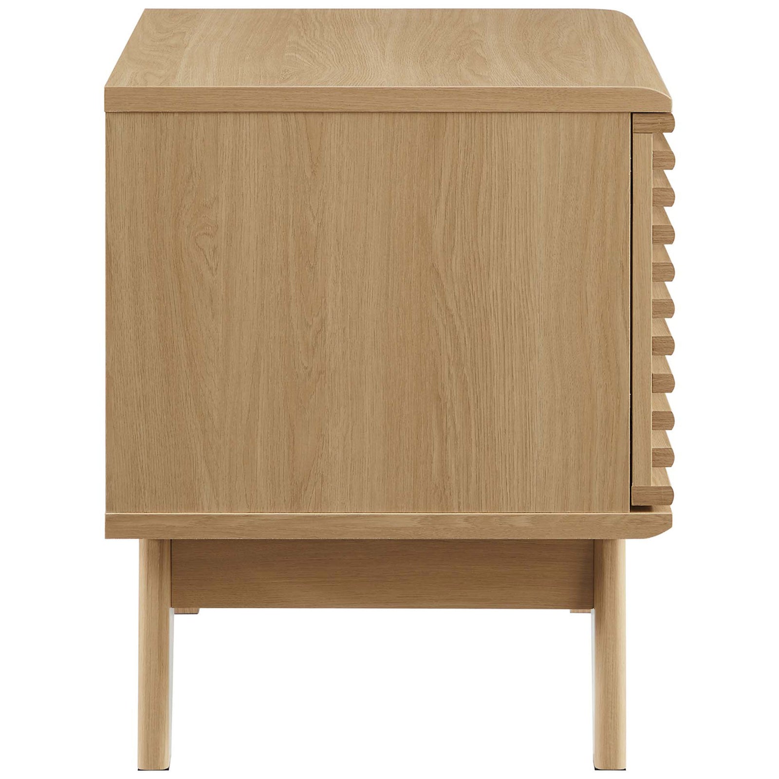 Oak vinyl record stand highlighting smooth side panel and natural wood grain || EEI-4262-OAK || side_studio