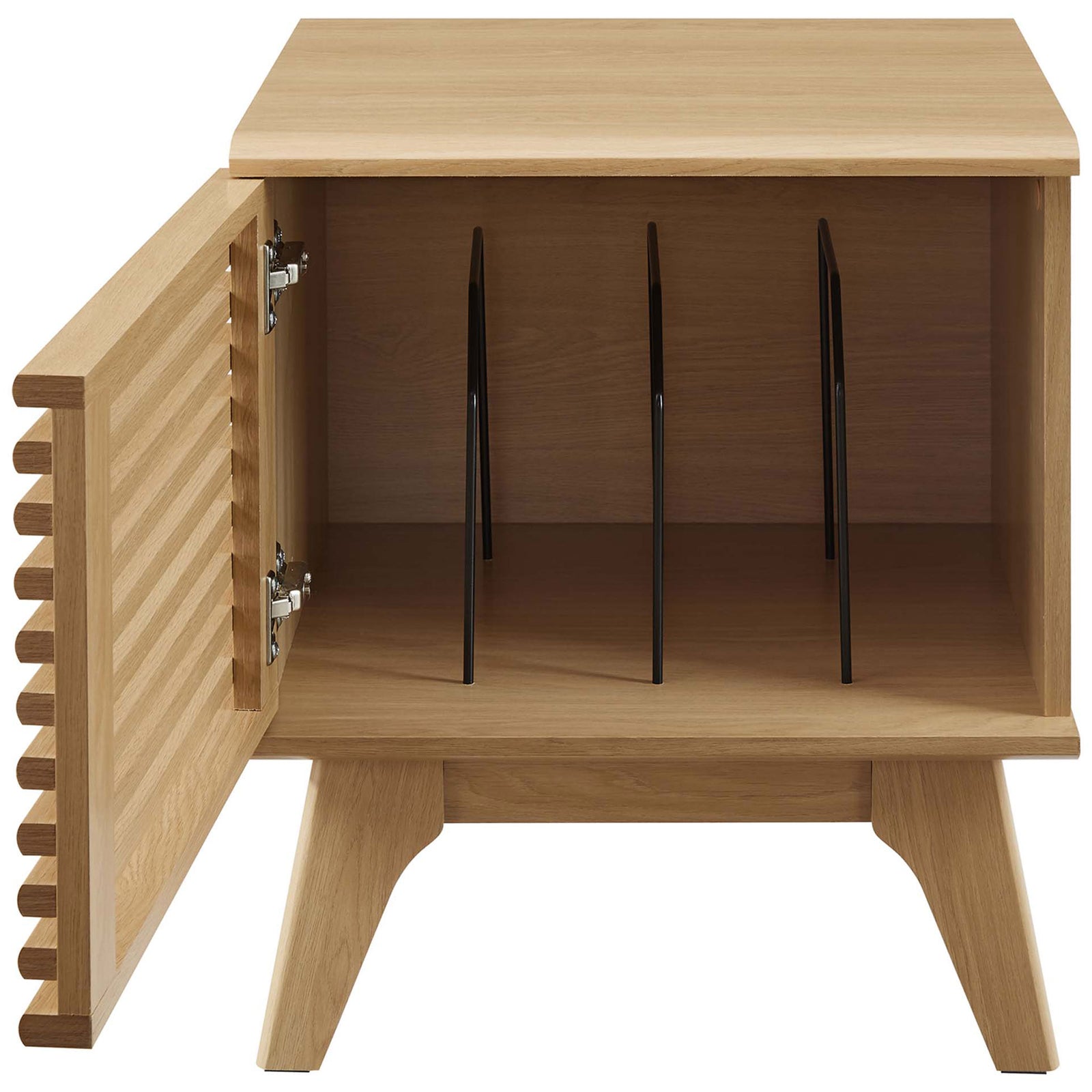 Oak record stand with slatted door open to reveal vinyl storage and metal dividers || EEI-4262-OAK || front_open_studio