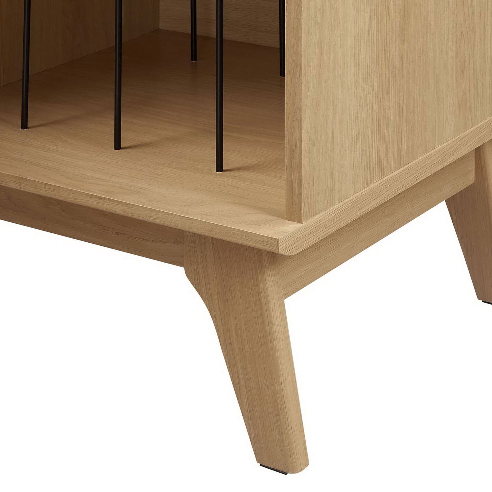 Detail of oak record stand base showing tapered leg and sturdy construction || EEI-4262-OAK || leg_studio