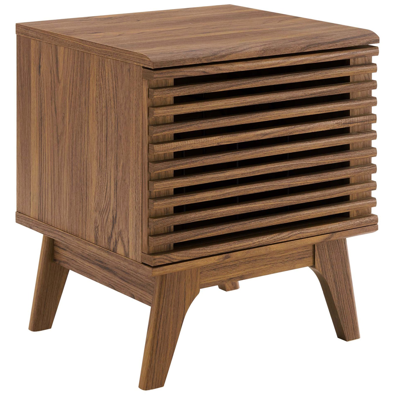 Mid-century walnut record stand with slatted door and elevated base for turntable storage || EEI-4262-WAL || front_angle_studio