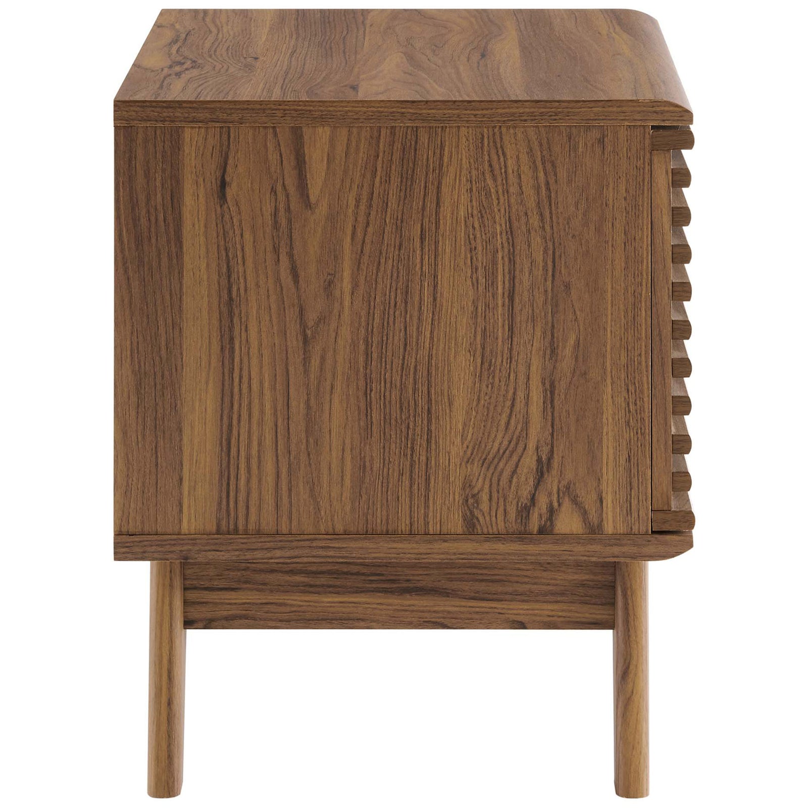 Smooth walnut side profile highlights clean lines and tapered legs of the record stand || EEI-4262-WAL || side_studio