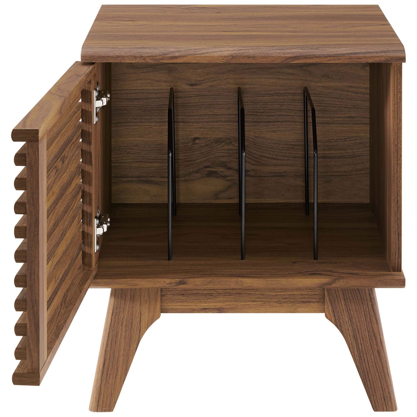 Interior record cabinet with metal dividers and rich walnut finish for organized storage || EEI-4262-WAL || front_open_studio