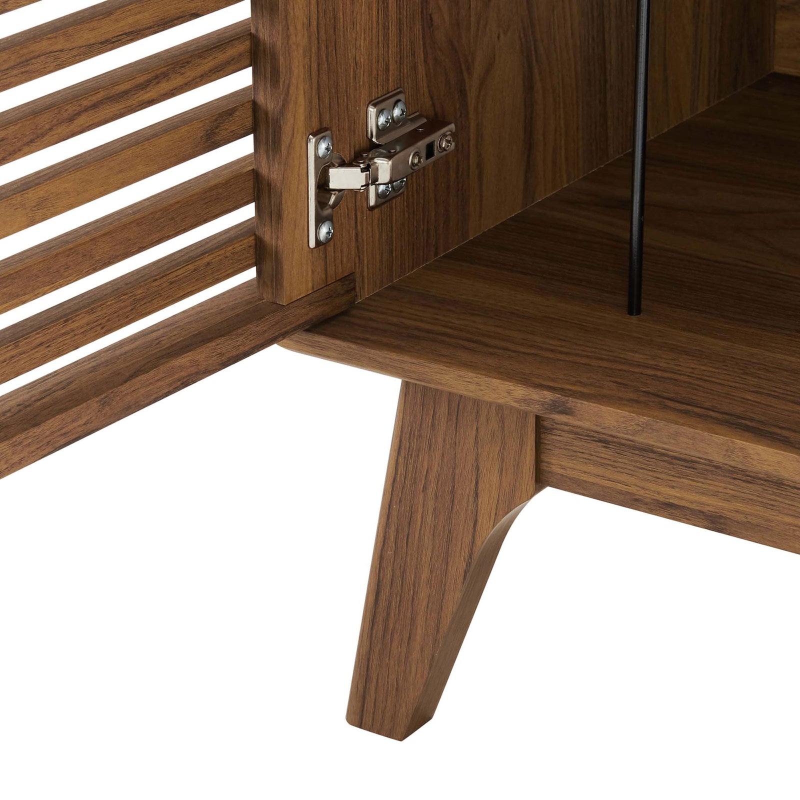 Detail of slatted door hinge and tapered leg showcasing quality hardware and craftsmanship || EEI-4262-WAL || detail_open_studio