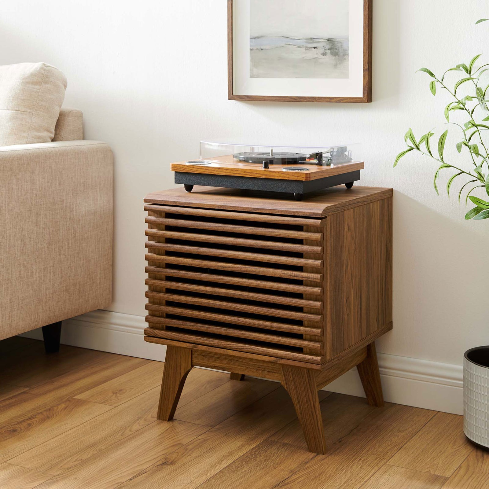 Walnut record stand adds mid-century charm beside the sofa, keeping albums neatly tucked away || EEI-4262-WAL || front_angle_room
