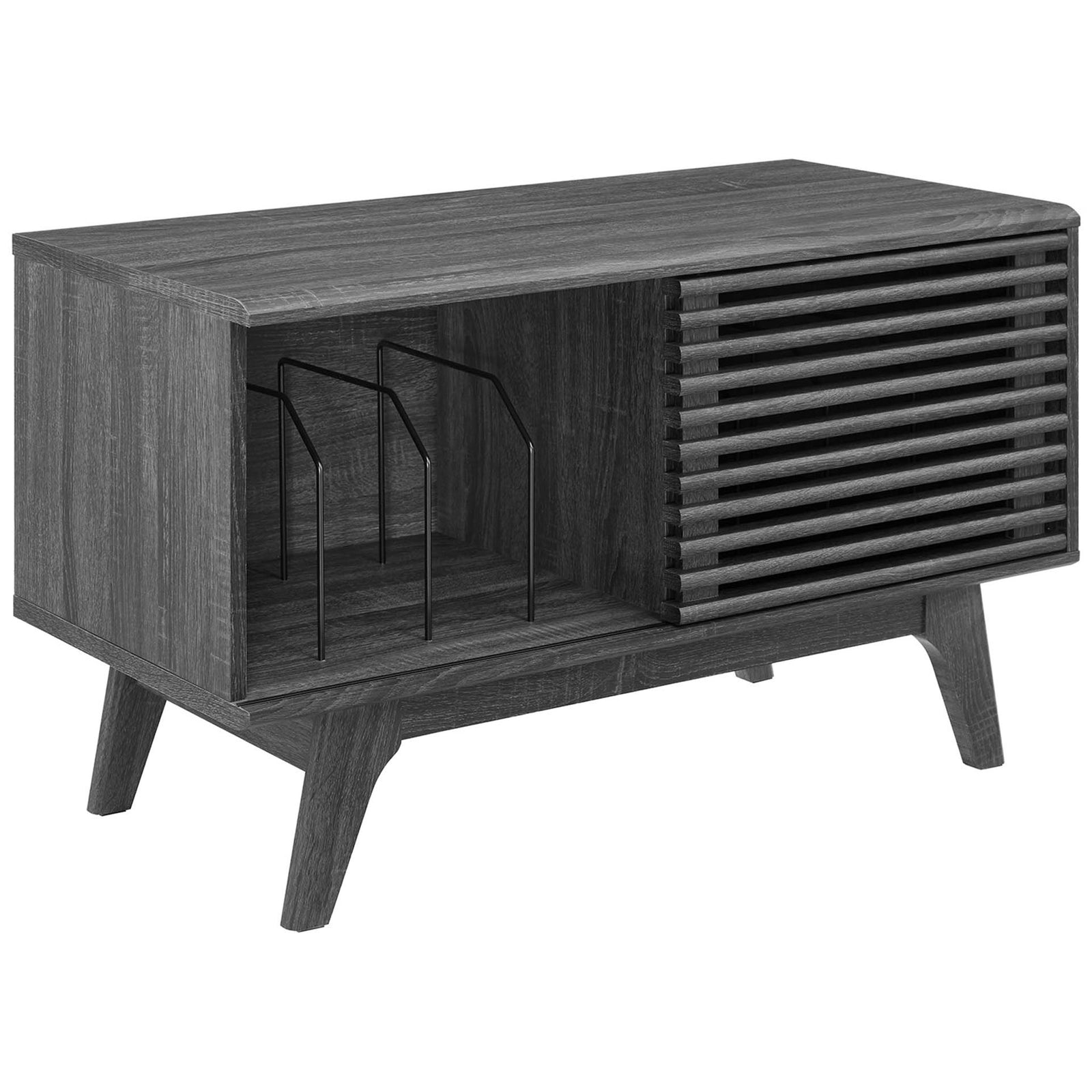 Charcoal vinyl record stand with tapered legs, slatted door, and open display space for favorite LPs. || EEI-4263-CHA || front_angle_open_studio