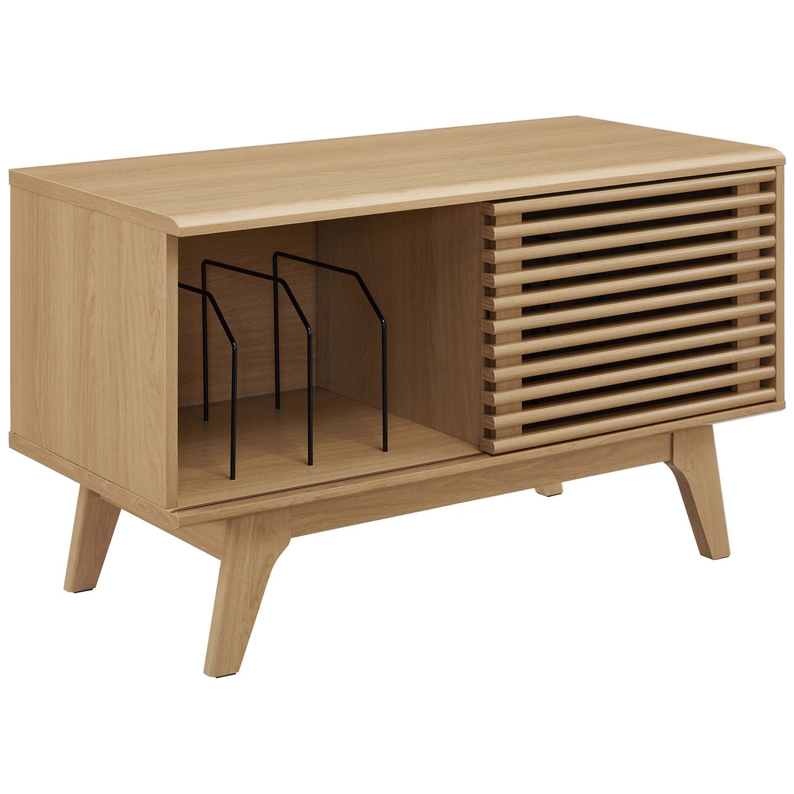 Oak vinyl record stand with tapered legs, slatted door, and open display area for favorite LPs. || EEI-4263-OAK || front_angle_open_studio