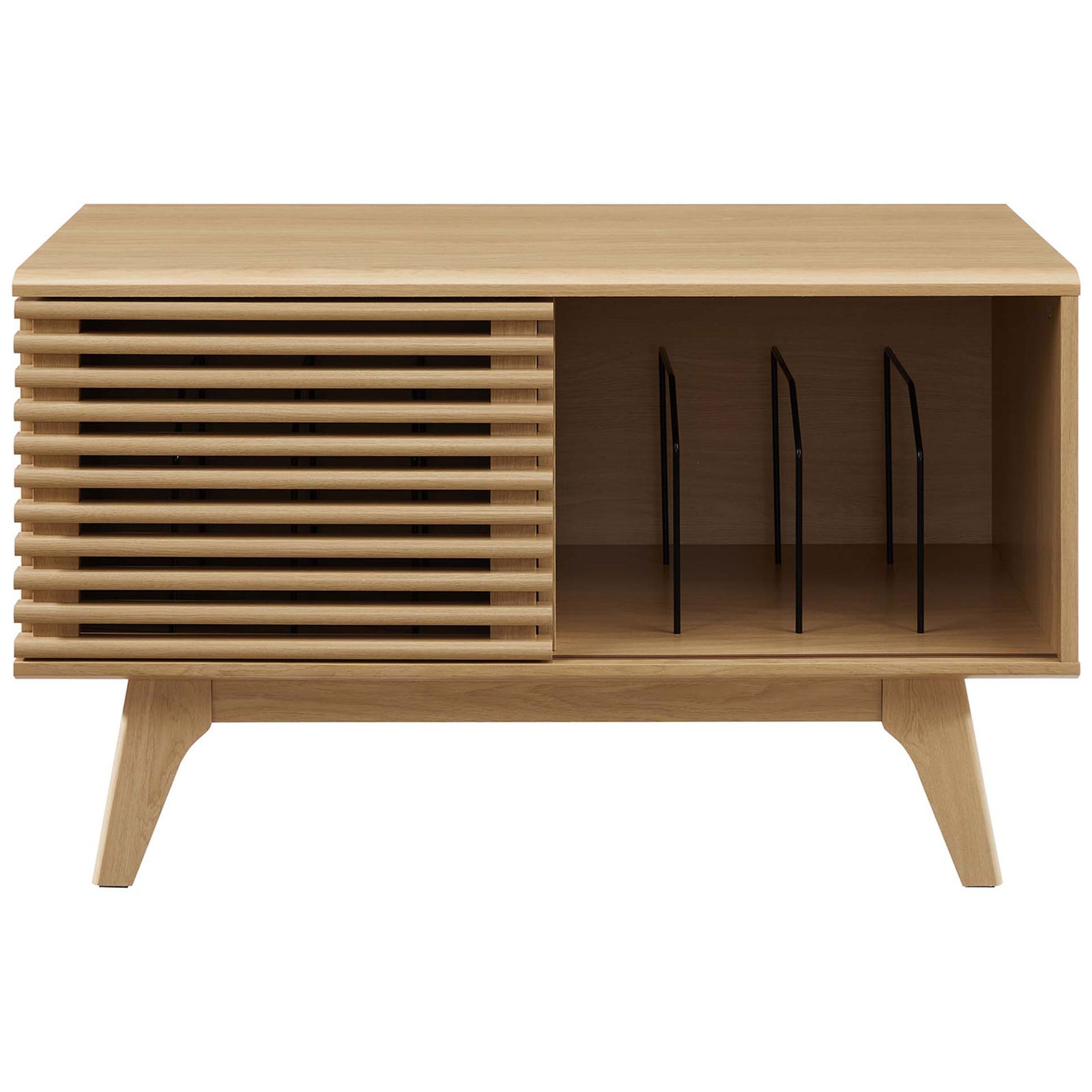 Oak record stand with slatted door and open shelf with metal dividers to organize a vinyl collection. || EEI-4263-OAK || front_open_studio
