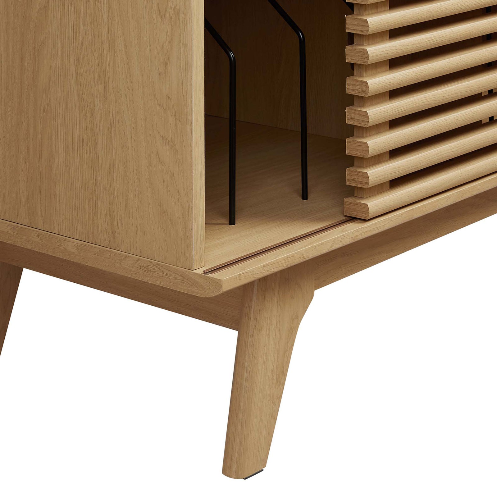 Detail of oak stand leg showing wood grain texture, smooth edges, and solid mid-century base. || EEI-4263-OAK || leg_studio