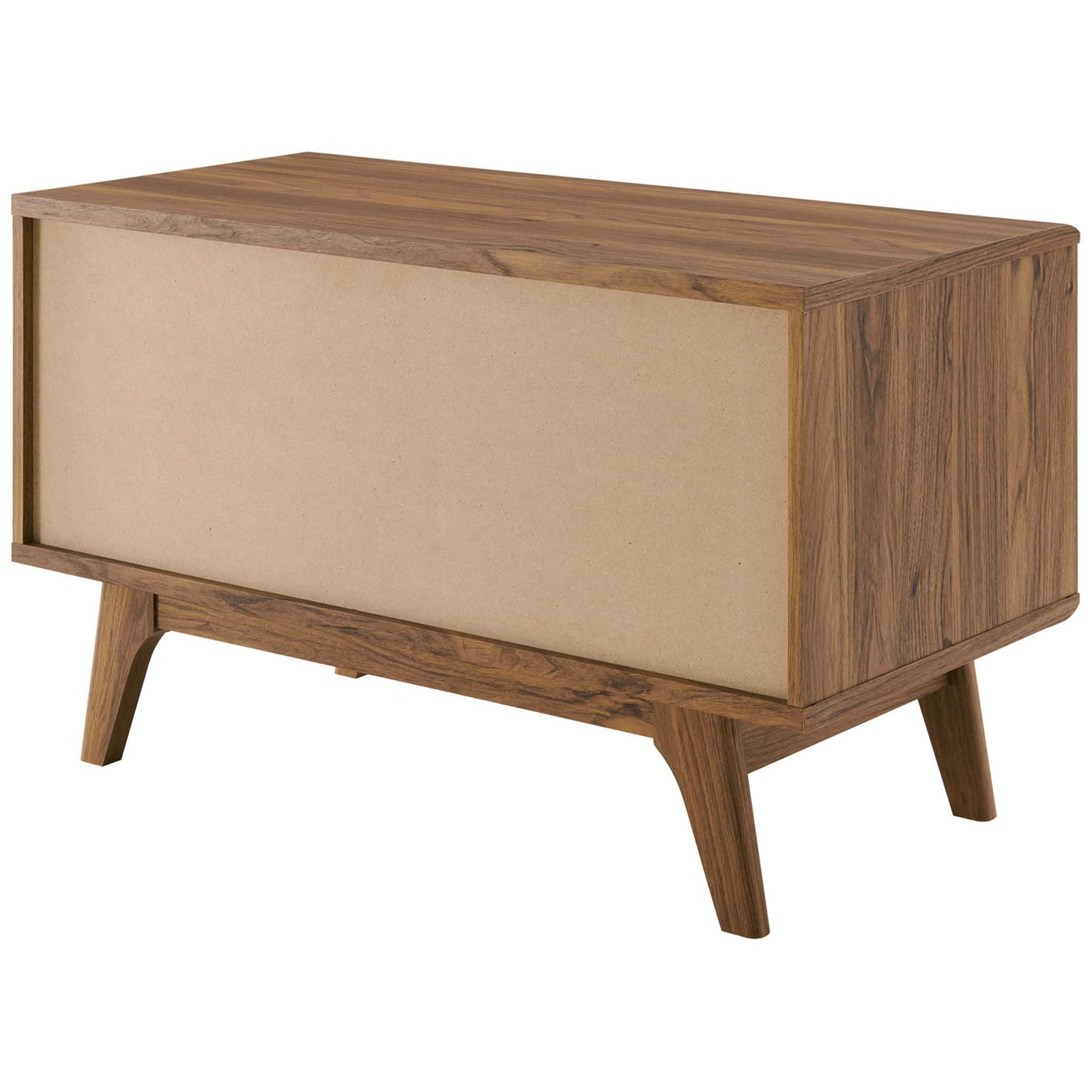 Back of walnut record stand showing smooth panel and sturdy frame for a polished, finished look. || EEI-4263-WAL || back_angle_studio