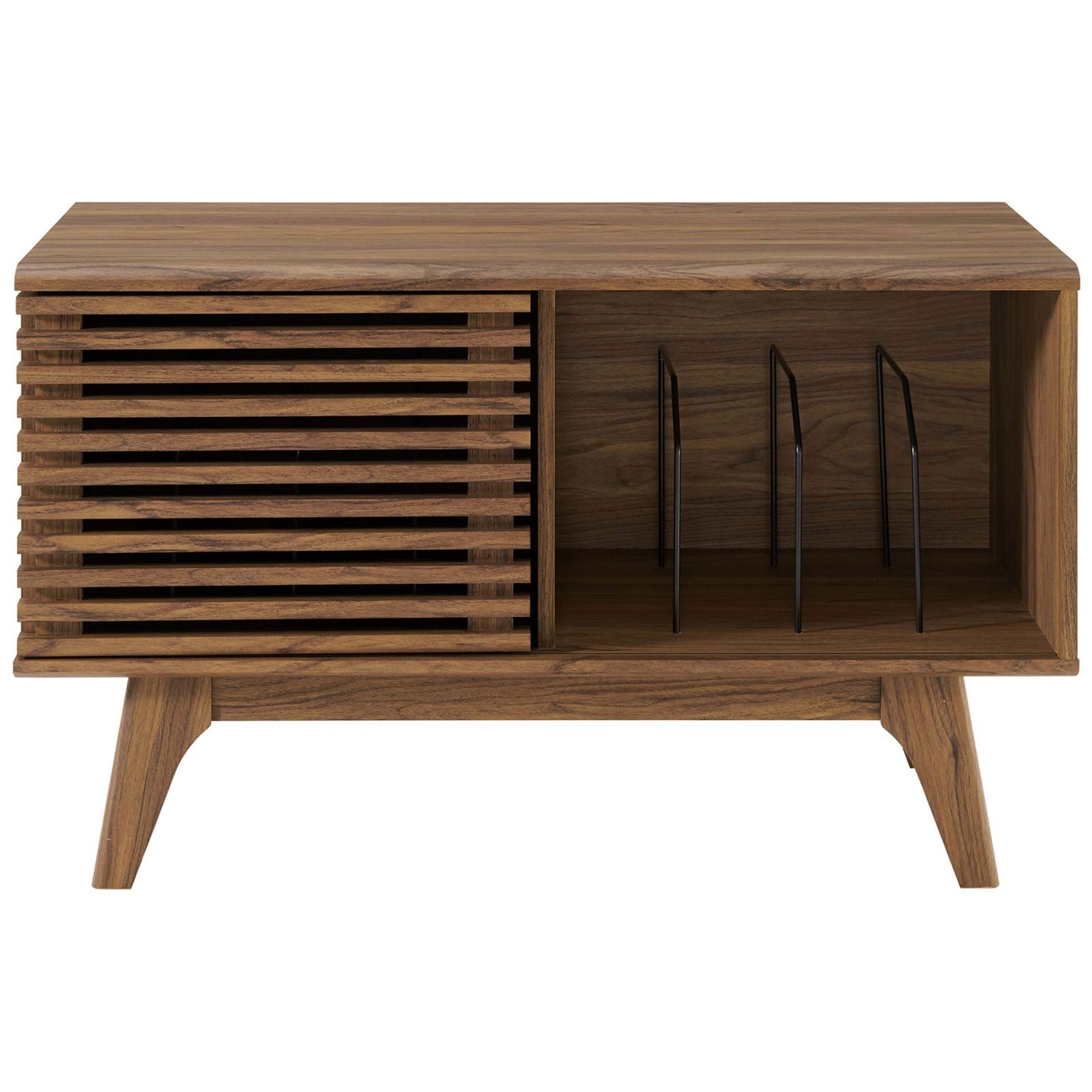 Walnut record stand highlighting sliding slatted door and roomy compartment for albums and media. || EEI-4263-WAL || front_open_studio