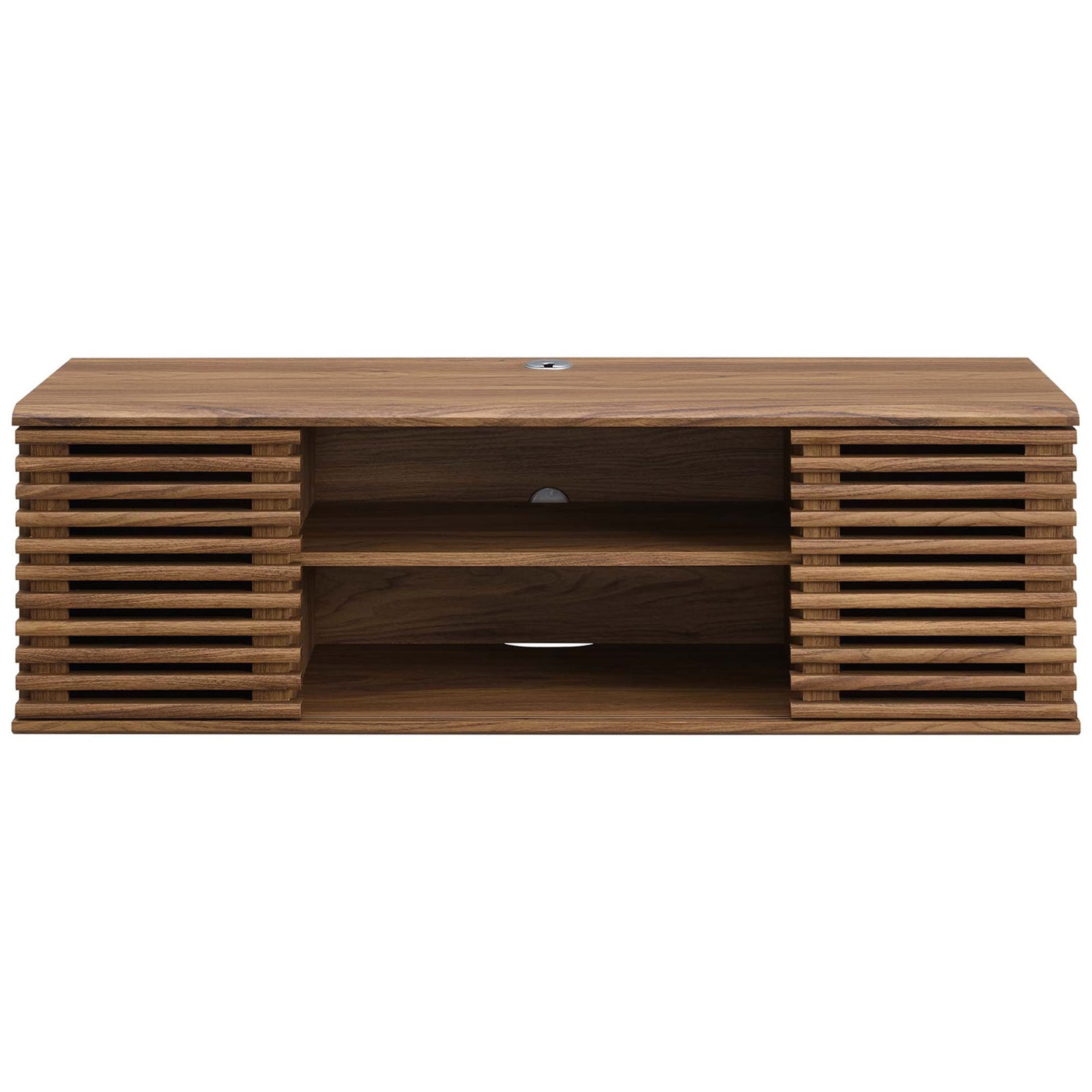 Walnut 46 inch wall-mounted media console with slatted doors and open center shelf. || EEI-4266-WAL || front_studio