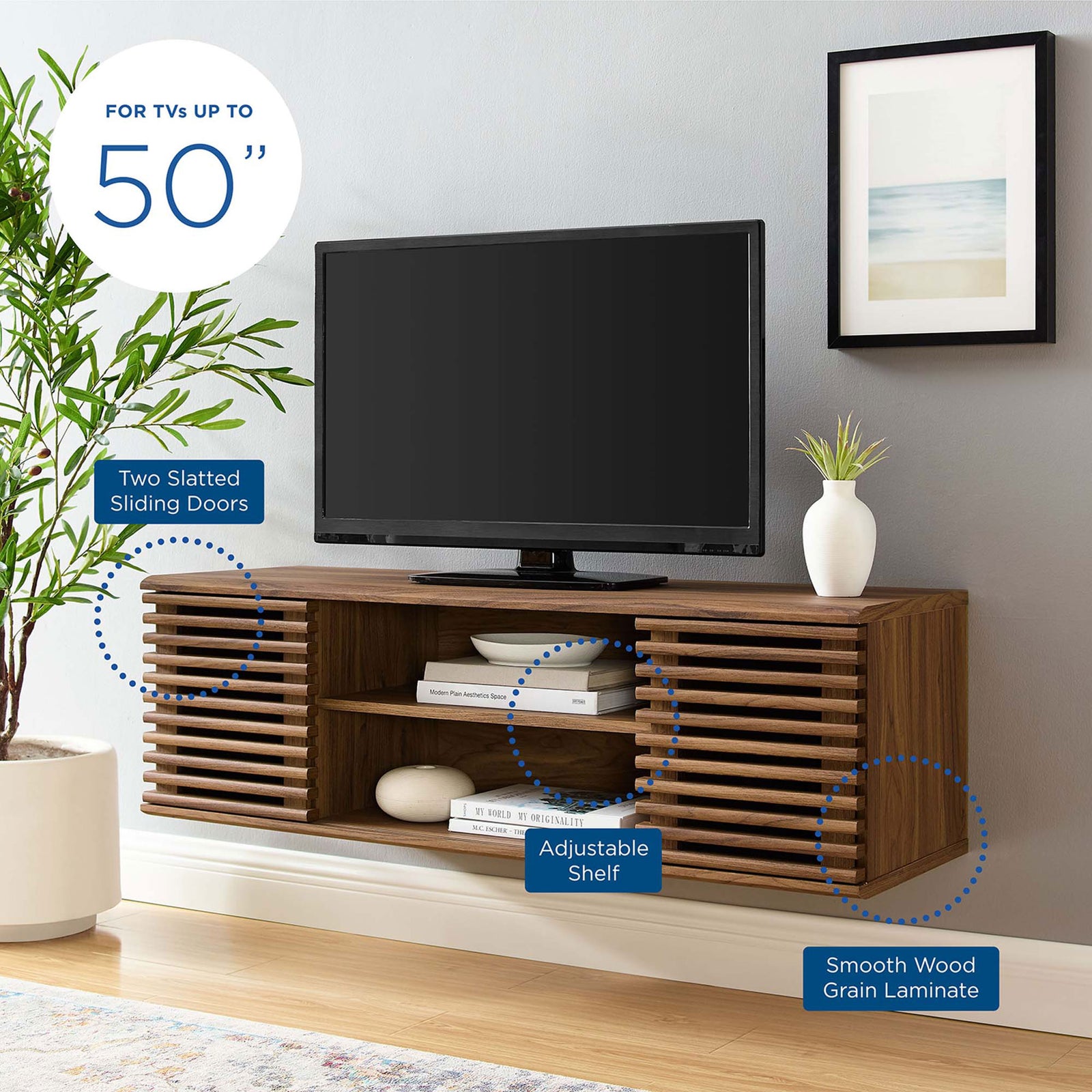 Living room view of the 46 inch walnut TV console with callouts for sliding doors, adjustable shelf, and TV size. || EEI-4266-WAL || callout_room