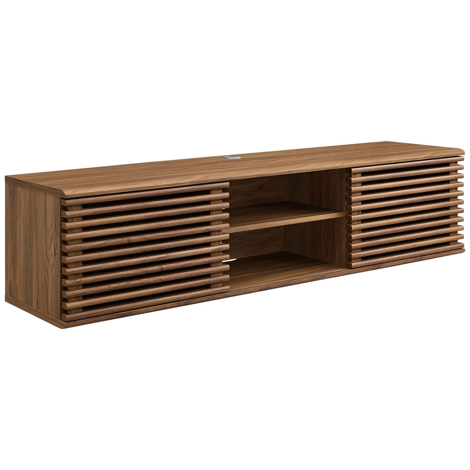 Angled view of the 60 inch walnut wall-mount console emphasizing its elongated floating design. || EEI-4267-WAL || front_angle_studio