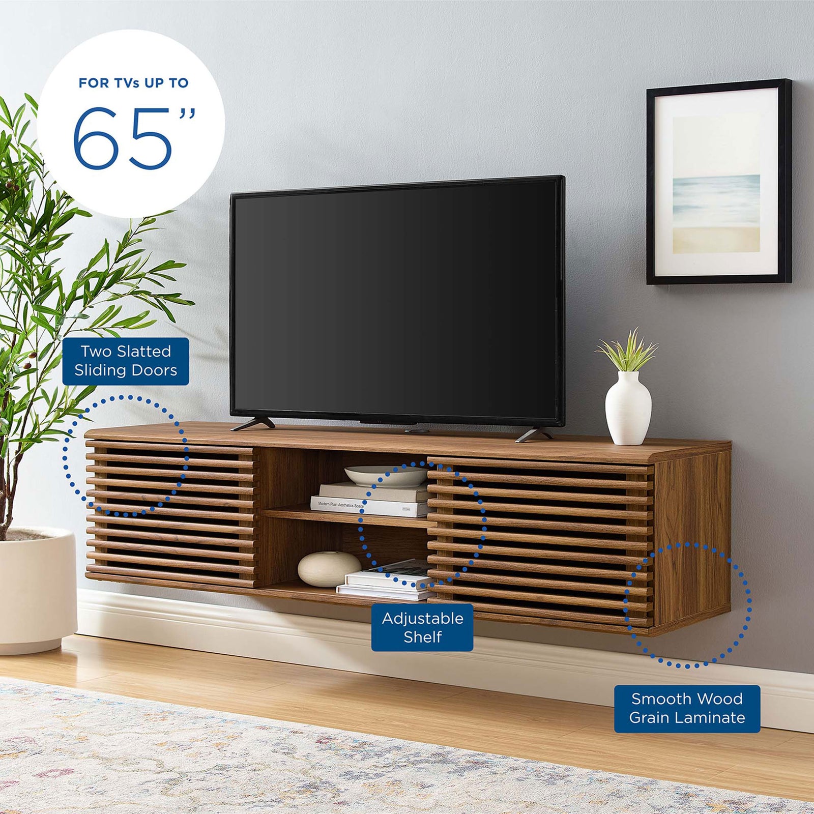 Living room setting of the 60 inch walnut TV console with feature callouts for TV size, doors, and shelving. || EEI-4267-WAL || callout_room