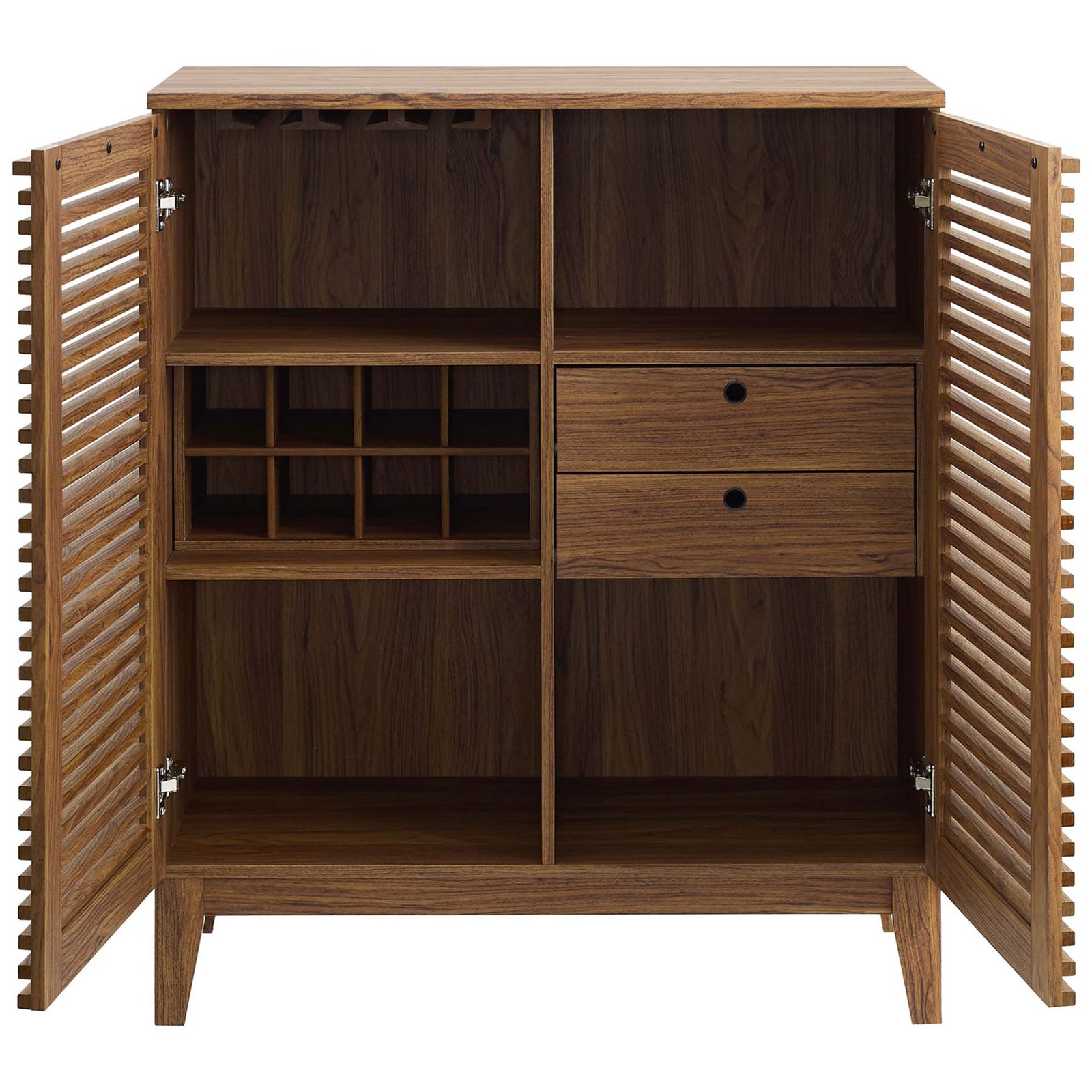 Organized bar storage with wine bottle grid, stemware rack, open shelves, and twin drawers || EEI-4311-WAL || front_open_studio