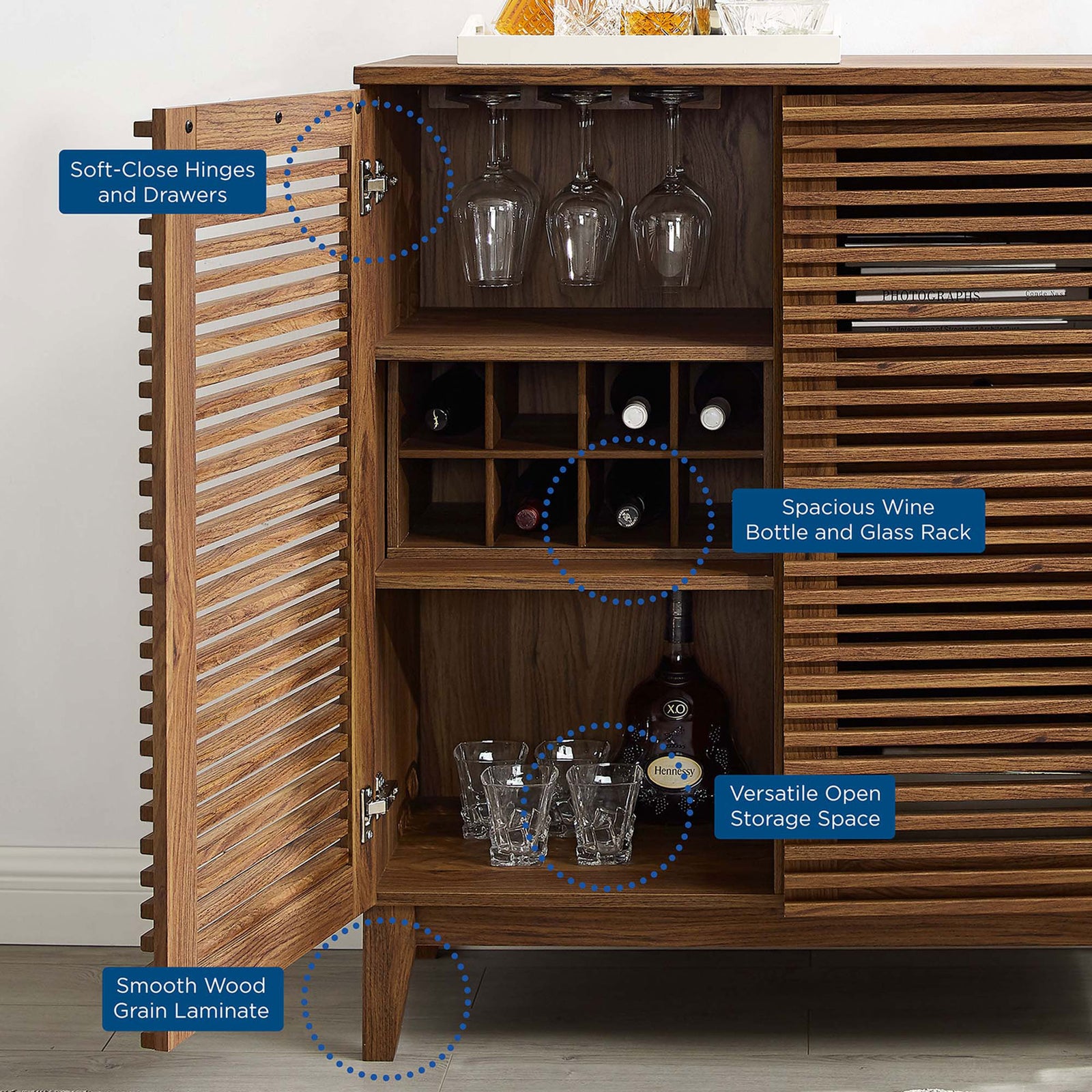 Feature highlights including wine and glass rack, open storage, and smooth wood-grain finish || EEI-4311-WAL || callout_room