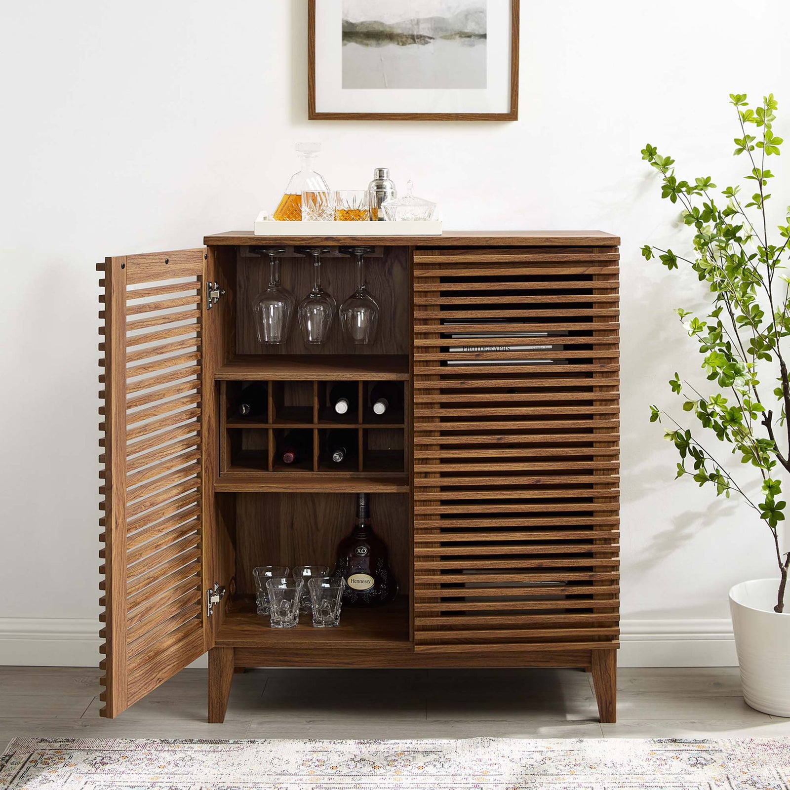 Walnut bar cabinet styled with slatted doors, wine grid, and stemware rack for entertaining || EEI-4311-WAL || front_open_room