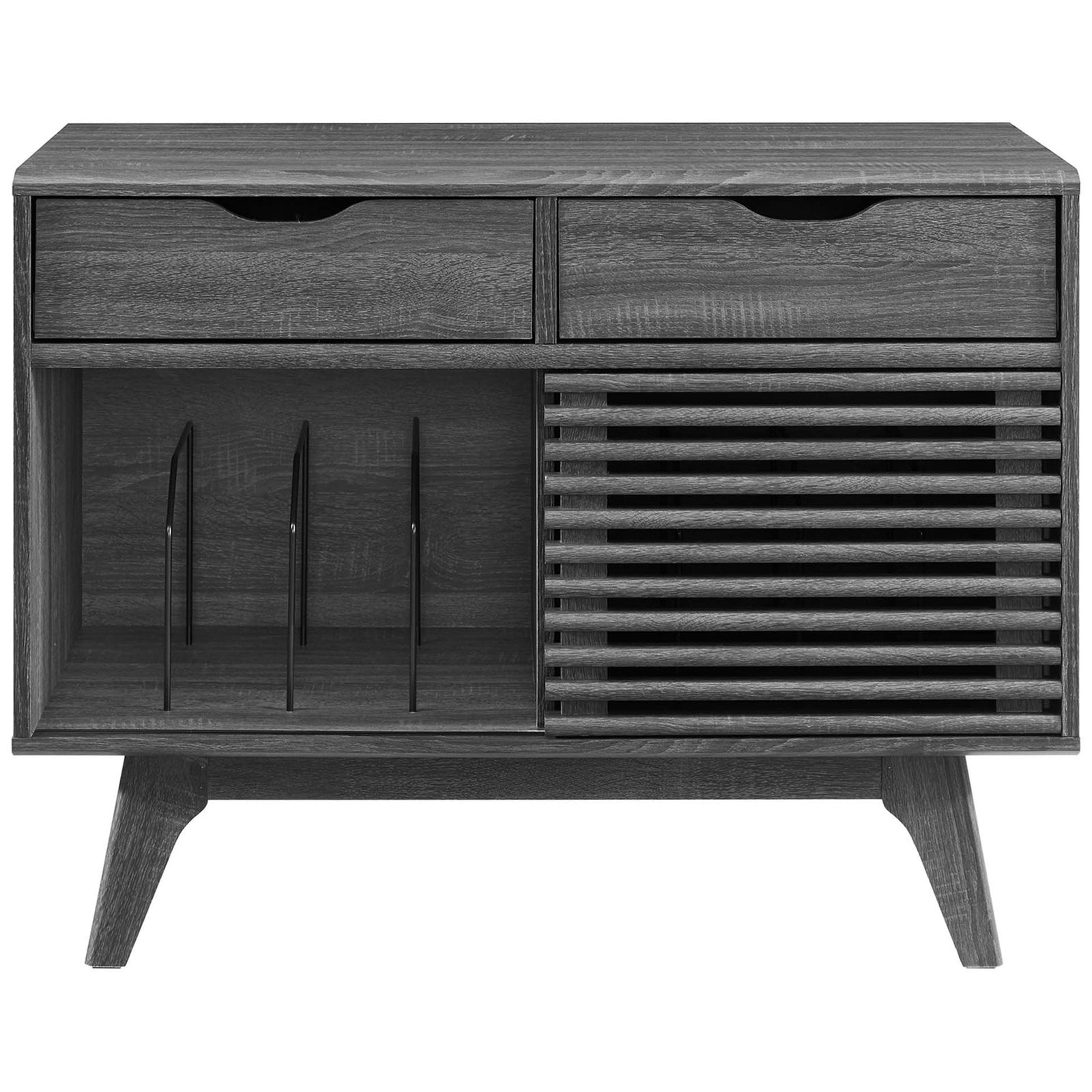 Charcoal record console showcasing the slatted sliding door beside open record storage with metal dividers || EEI-4323-CHA || front_studio