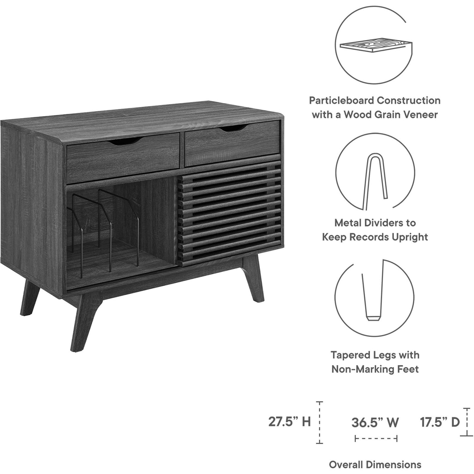 Charcoal record stand graphic showing wood grain finish, metal dividers, tapered legs, and overall dimensions || EEI-4323-CHA || dimension_studio